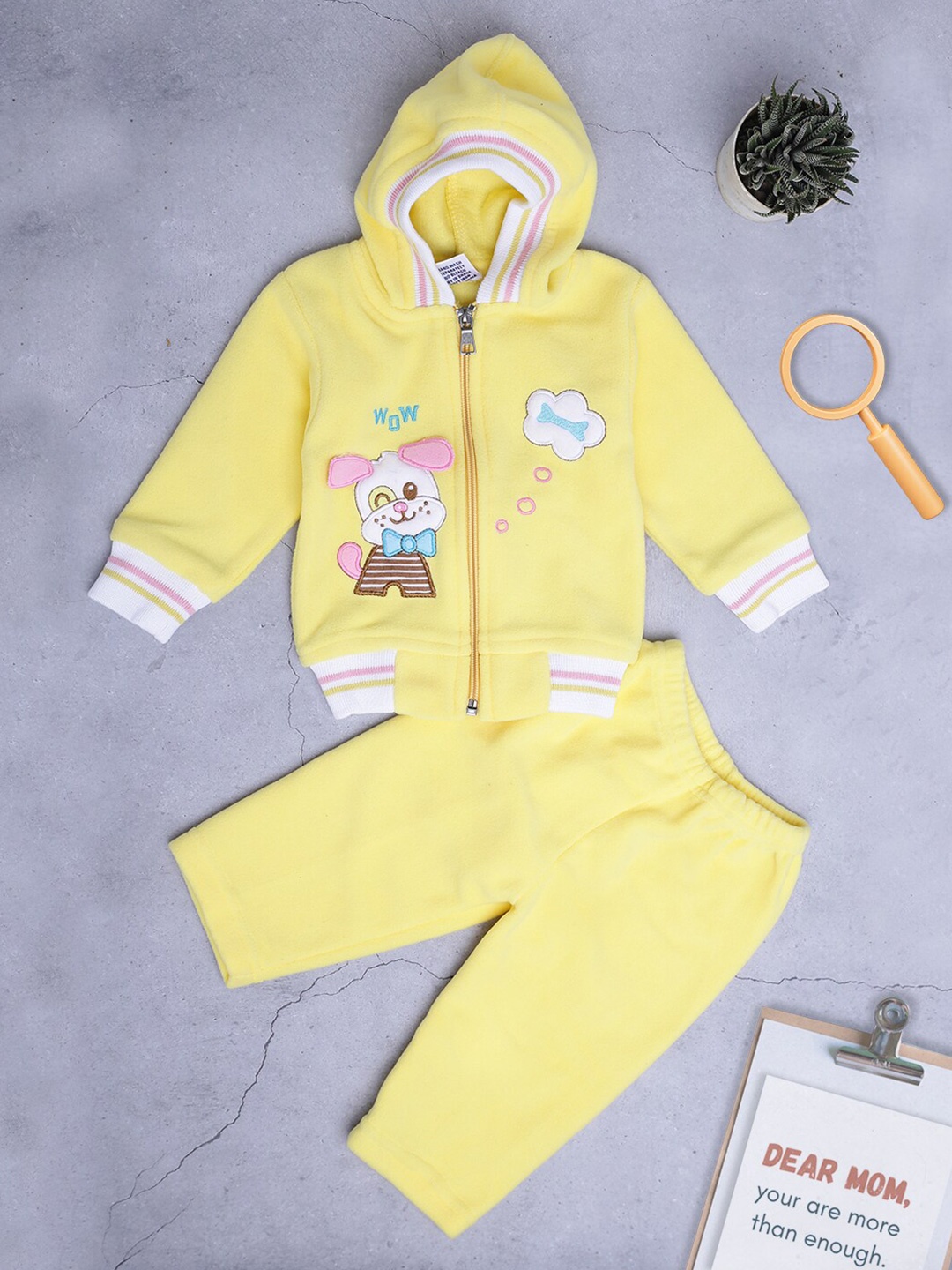

V-Mart Infants Kids Printed Hooded Pure Wool T-shirt with Trousers, Yellow