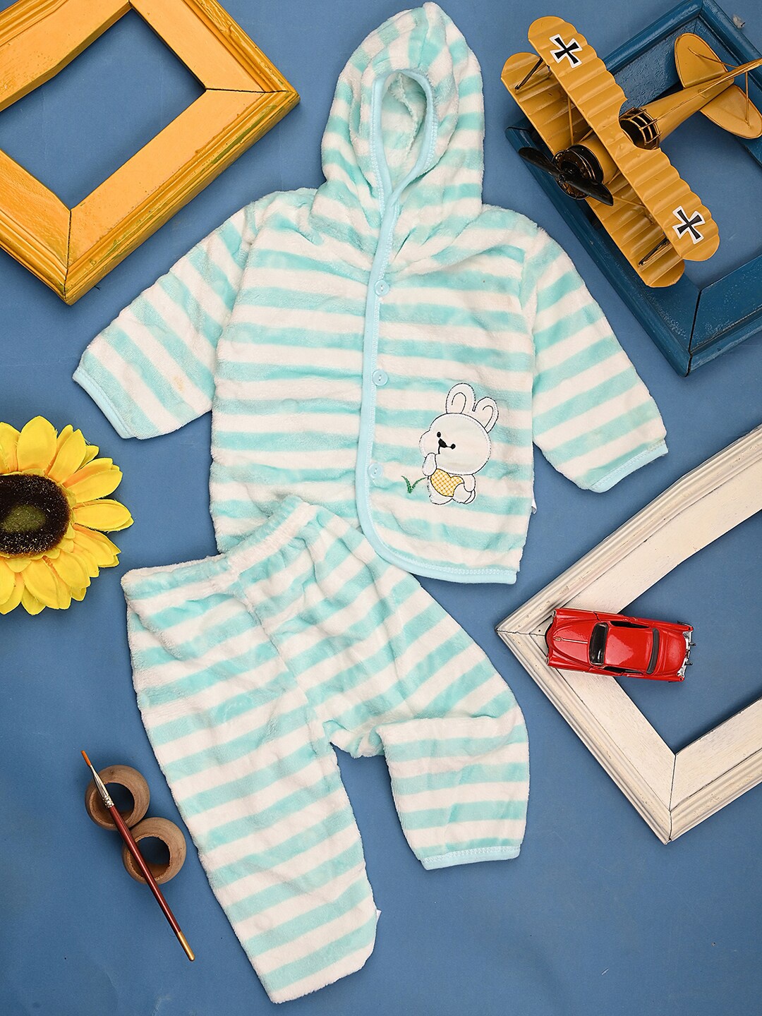 

V-Mart Kids Striped T-shirt with Trousers, Turquoise blue