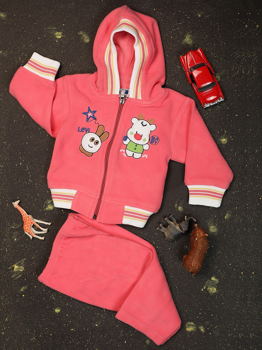 

V-Mart Infant Self Design Hooded Wool T-shirt with Pyjamas, Coral