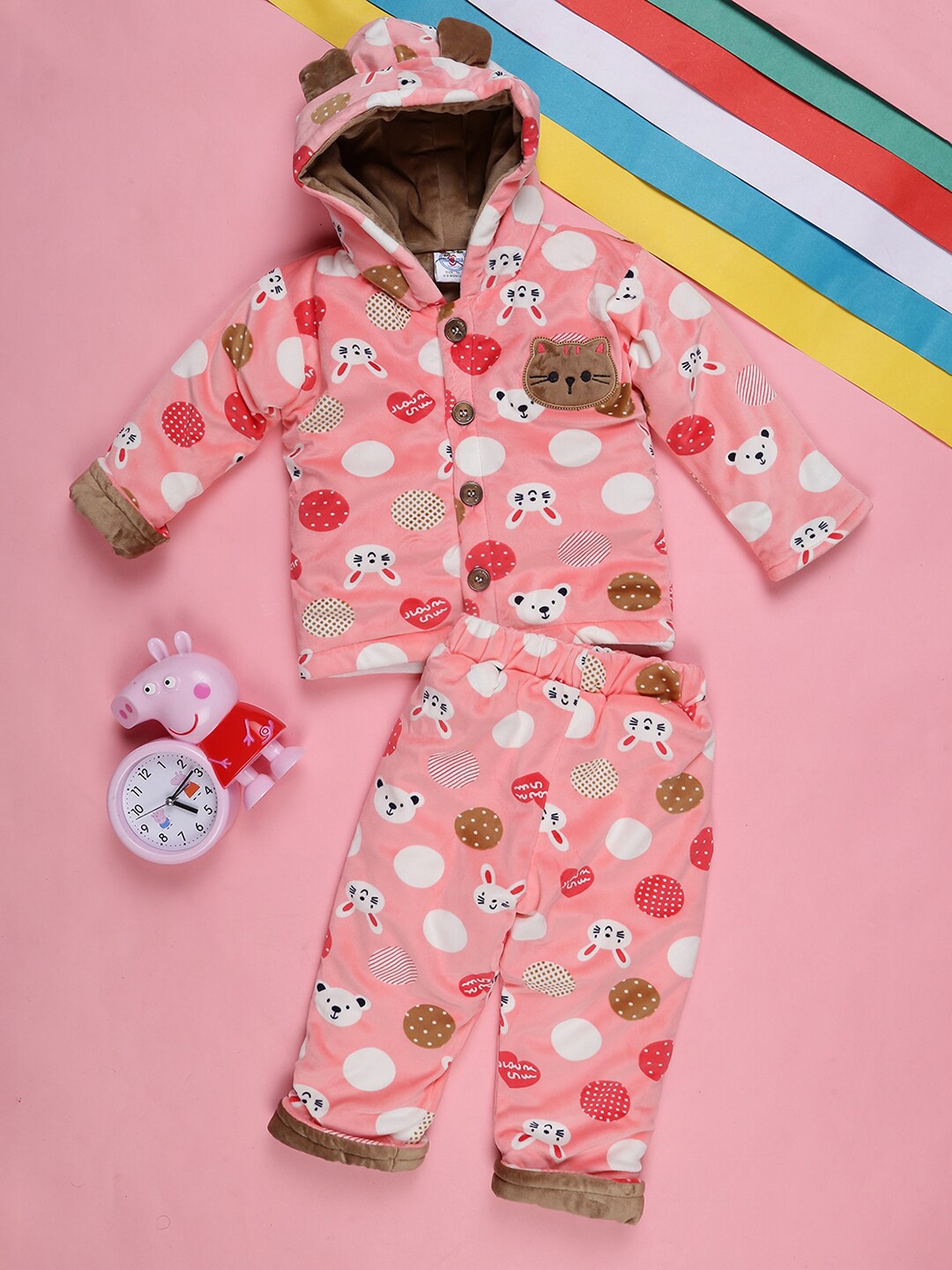 

V-Mart Infants Kids Conversational Printed Hooded Pure Wool Shirt With Trousers, Pink
