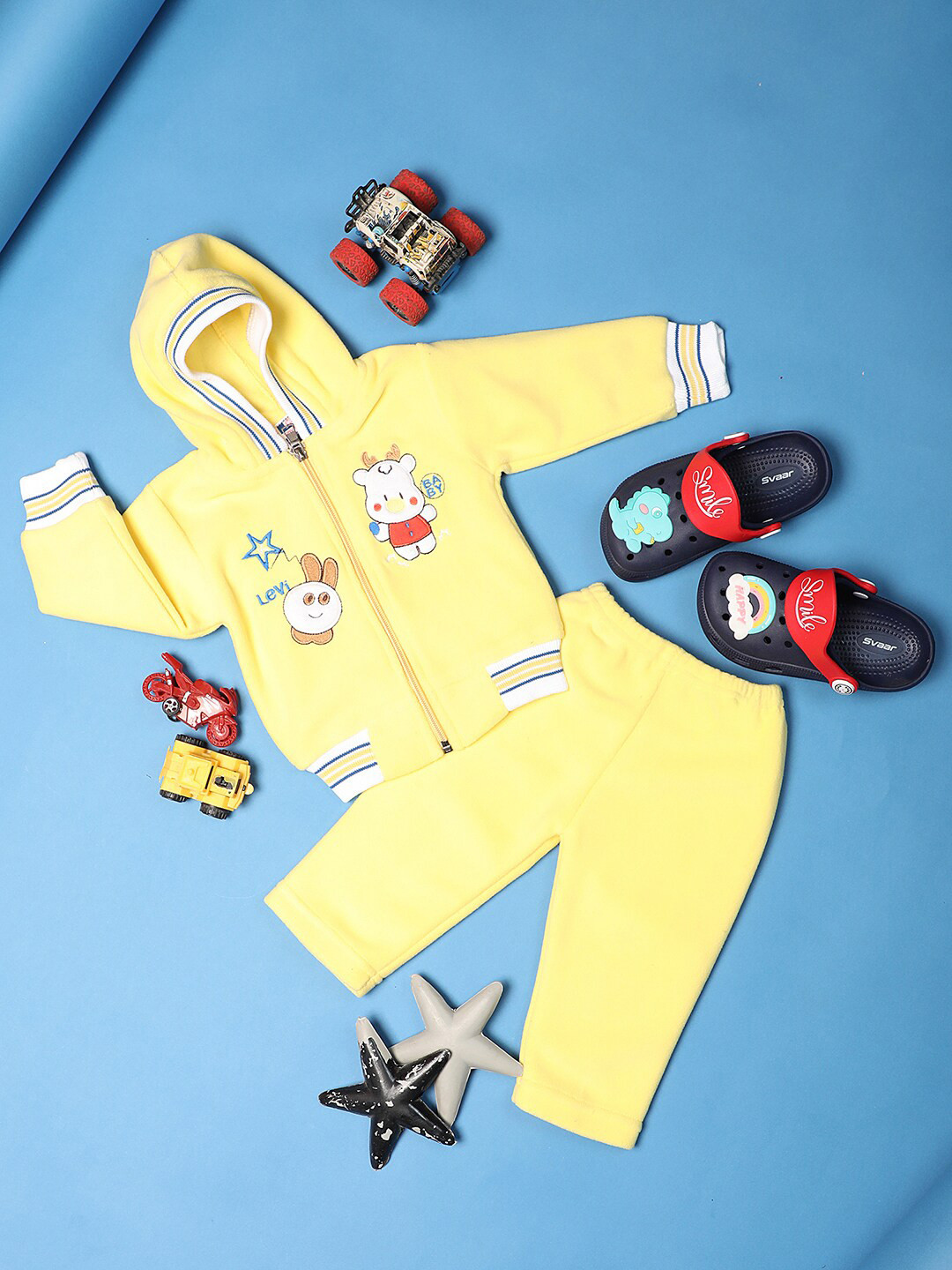 

V-Mart Kids Self Design Hooded Fleece Sweatshirt with Trousers, Yellow