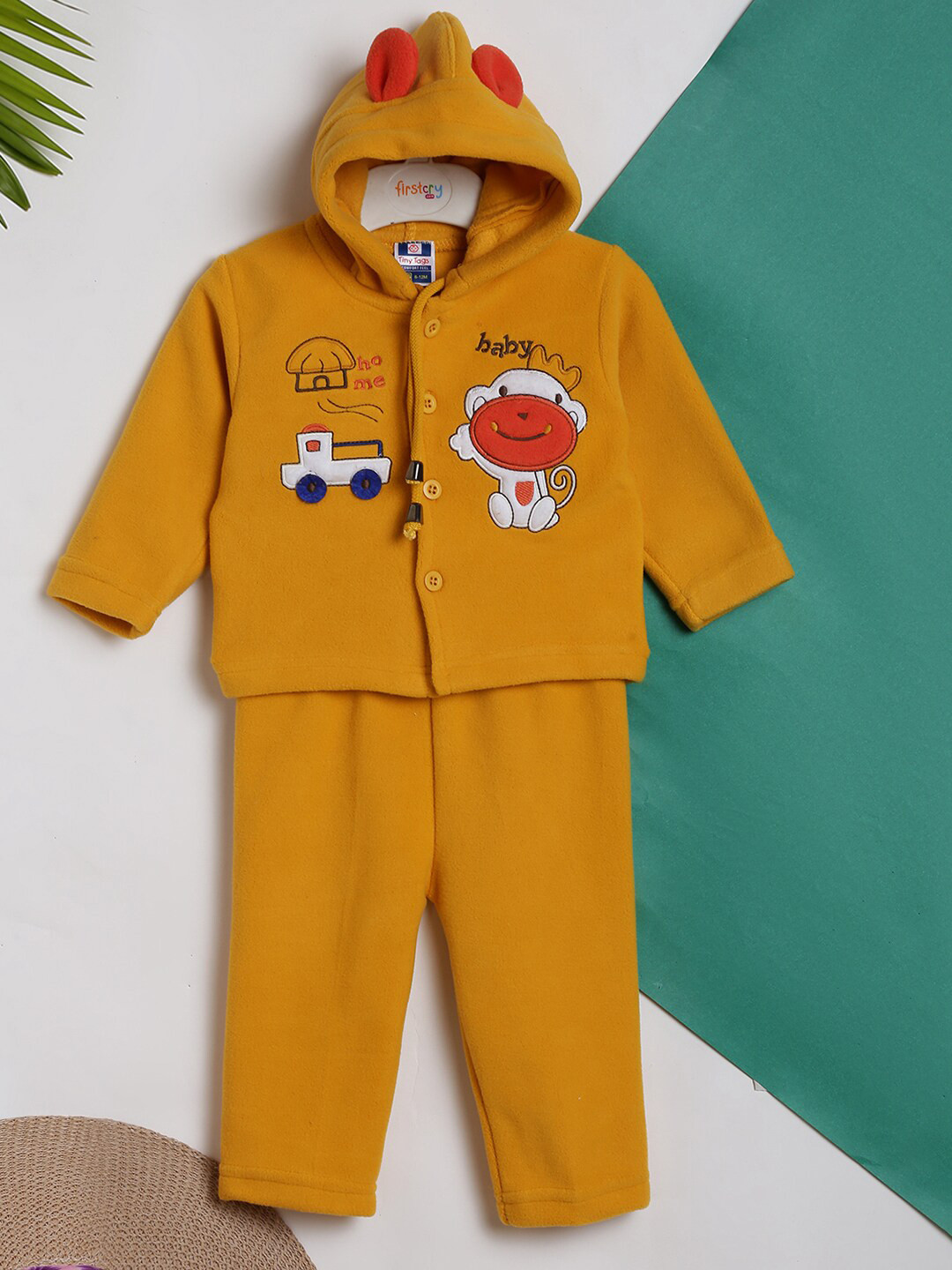 

V-Mart Infants Kids Self Designed Hooded Pure Wool T-shirt with Trousers, Mustard