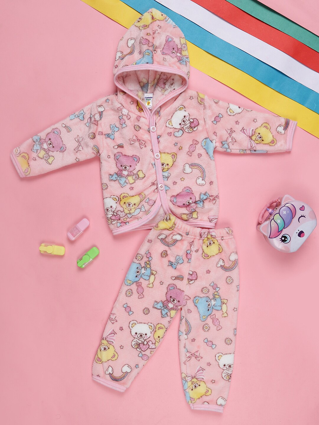 

V-Mart Infants Kids Printed Hooded T-shirt with Trousers, Pink