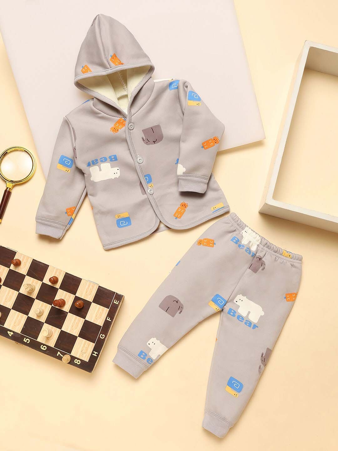 

V-Mart Unisex Kids Graphic Printed Hooded T-shirt with Pyjamas, Grey