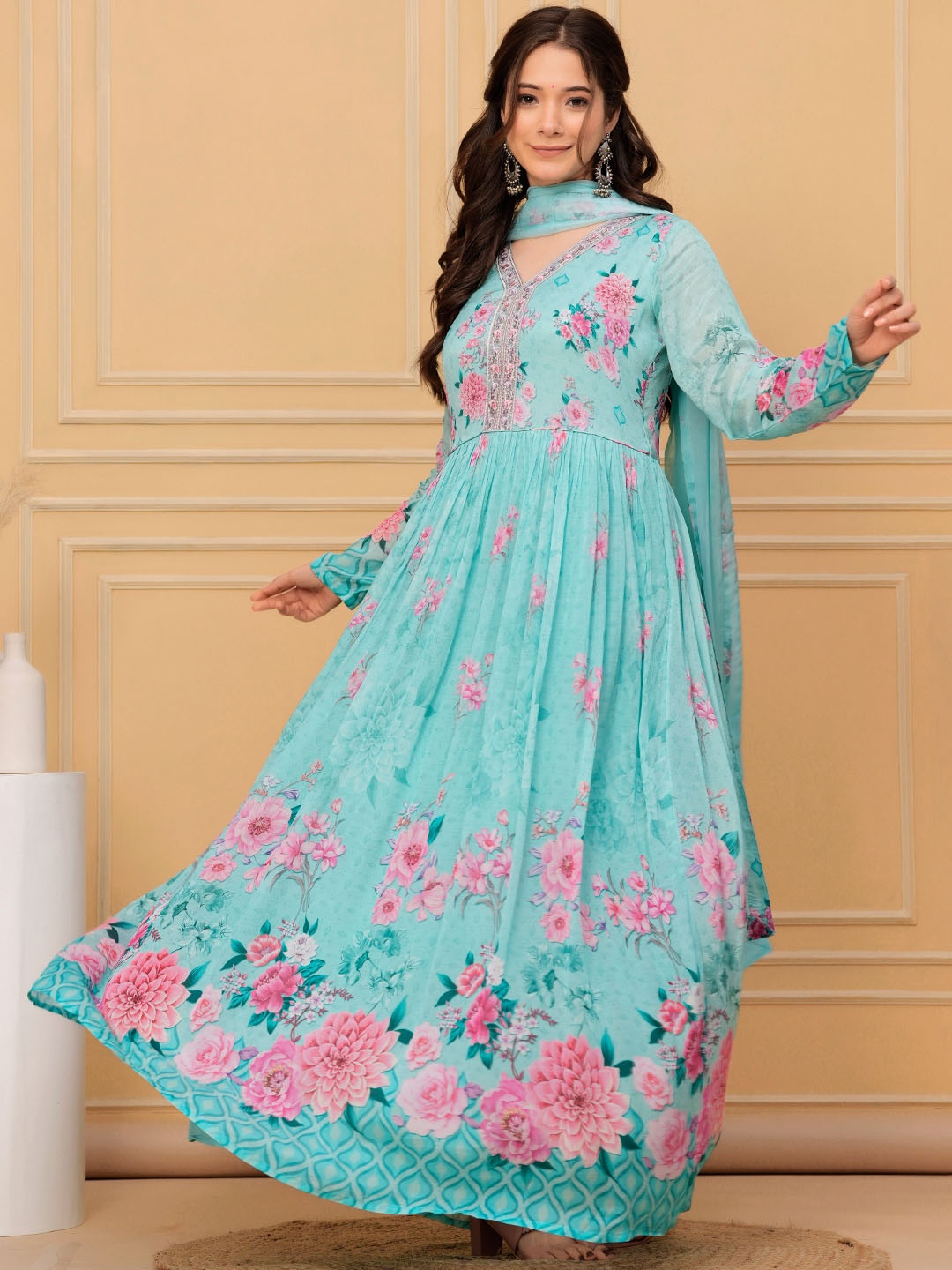 

Libas Art Floral Printed Beads and Stones Silk Chiffon Kurta with Trousers & Dupatta, Sea green