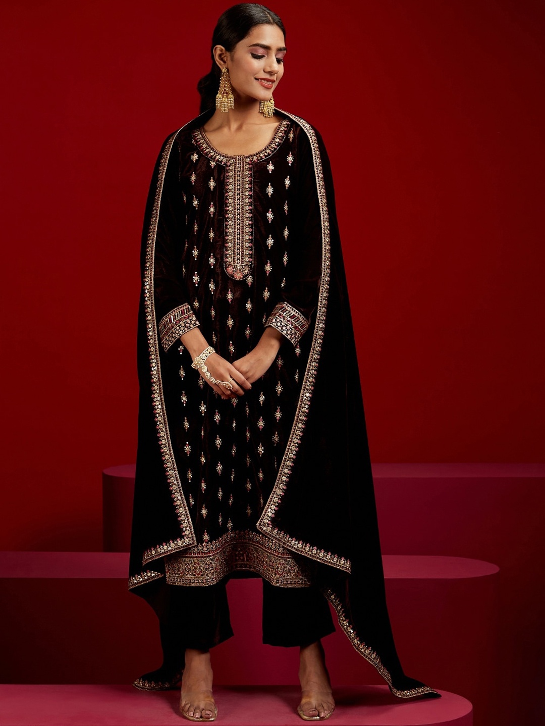 

Libas Art Floral Embroidered Sequinned Velvet Kurta with Trousers & Dupatta, Brown
