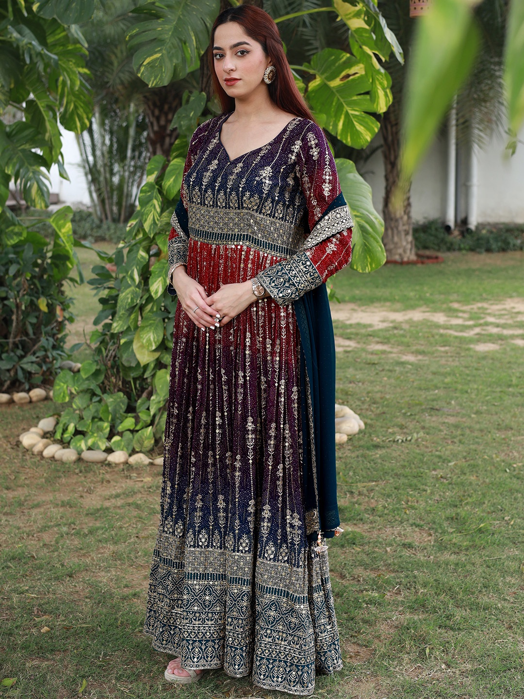 

Libas Art Bandhani Embroidered Empire Sequinned Kurta with Trousers & Dupatta, Blue
