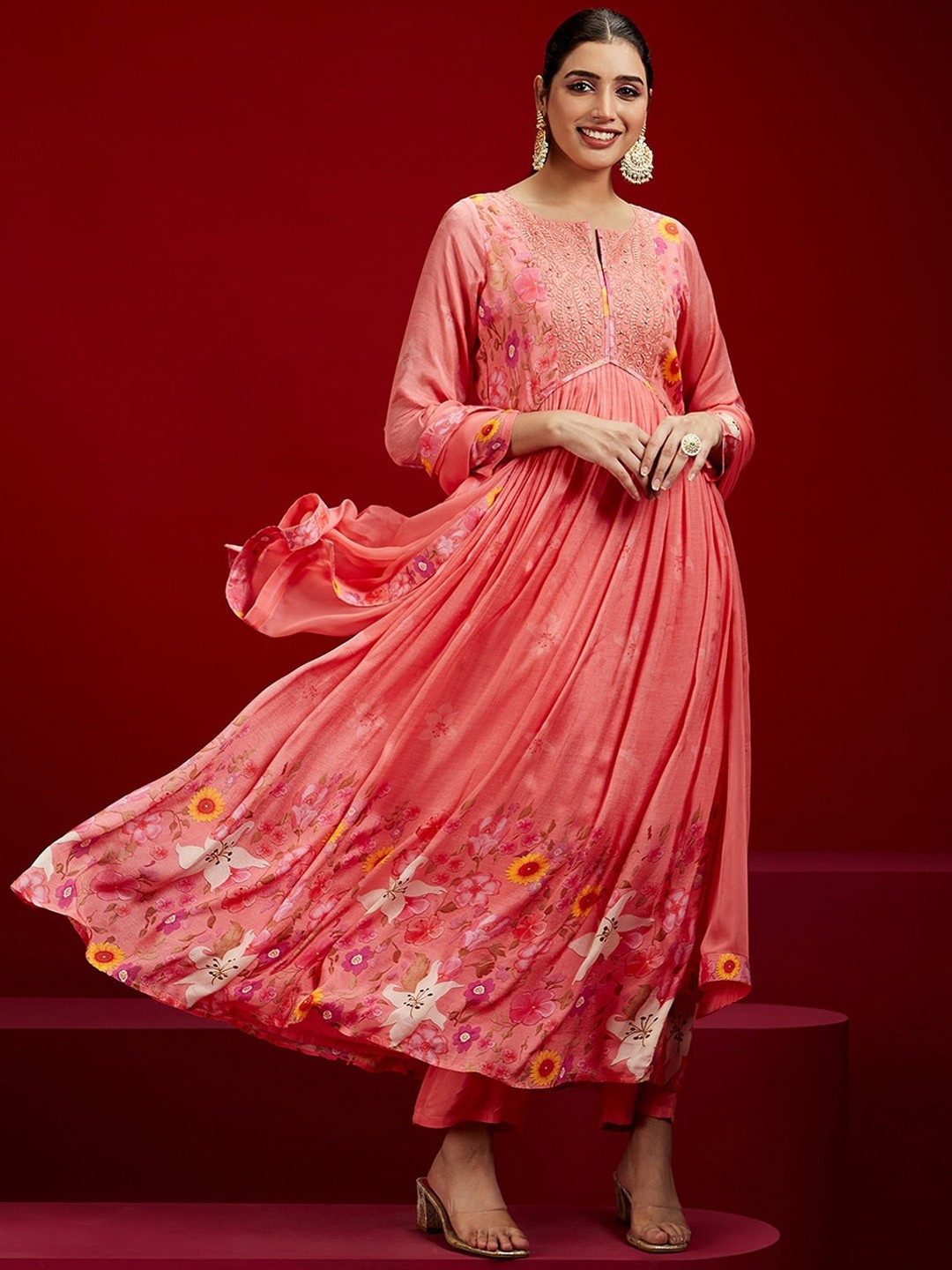 

Libas Art Floral Printed Empire Beads and Stones Kurta with Trousers & Dupatta, Coral