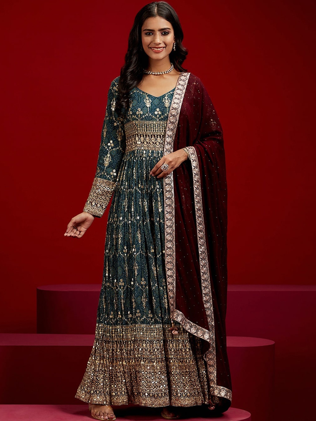 

Libas Art Ethnic Motifs Embroidered Sequinned Anarkali Kurta & Trousers With Dupatta, Blue