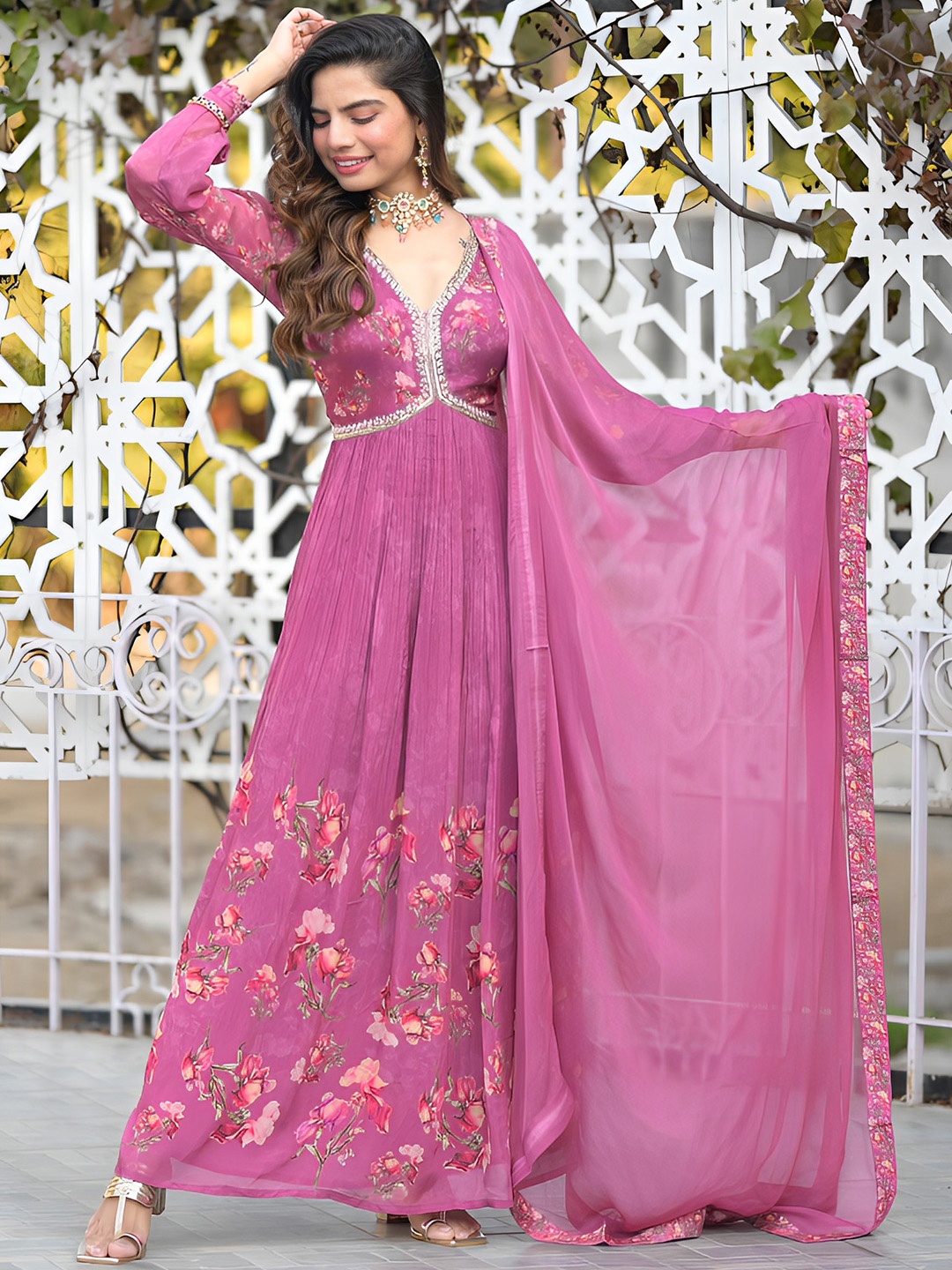 

Libas Art Floral Printed Empire Mirror Work Silk Chiffon Kurta with Trousers & Dupatta, Purple