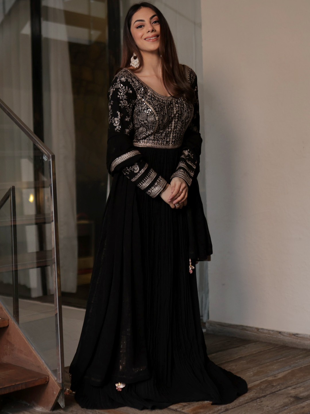 

Libas Art Floral Yoke Design Sequinned Kurta with Trousers & With Dupatta, Black