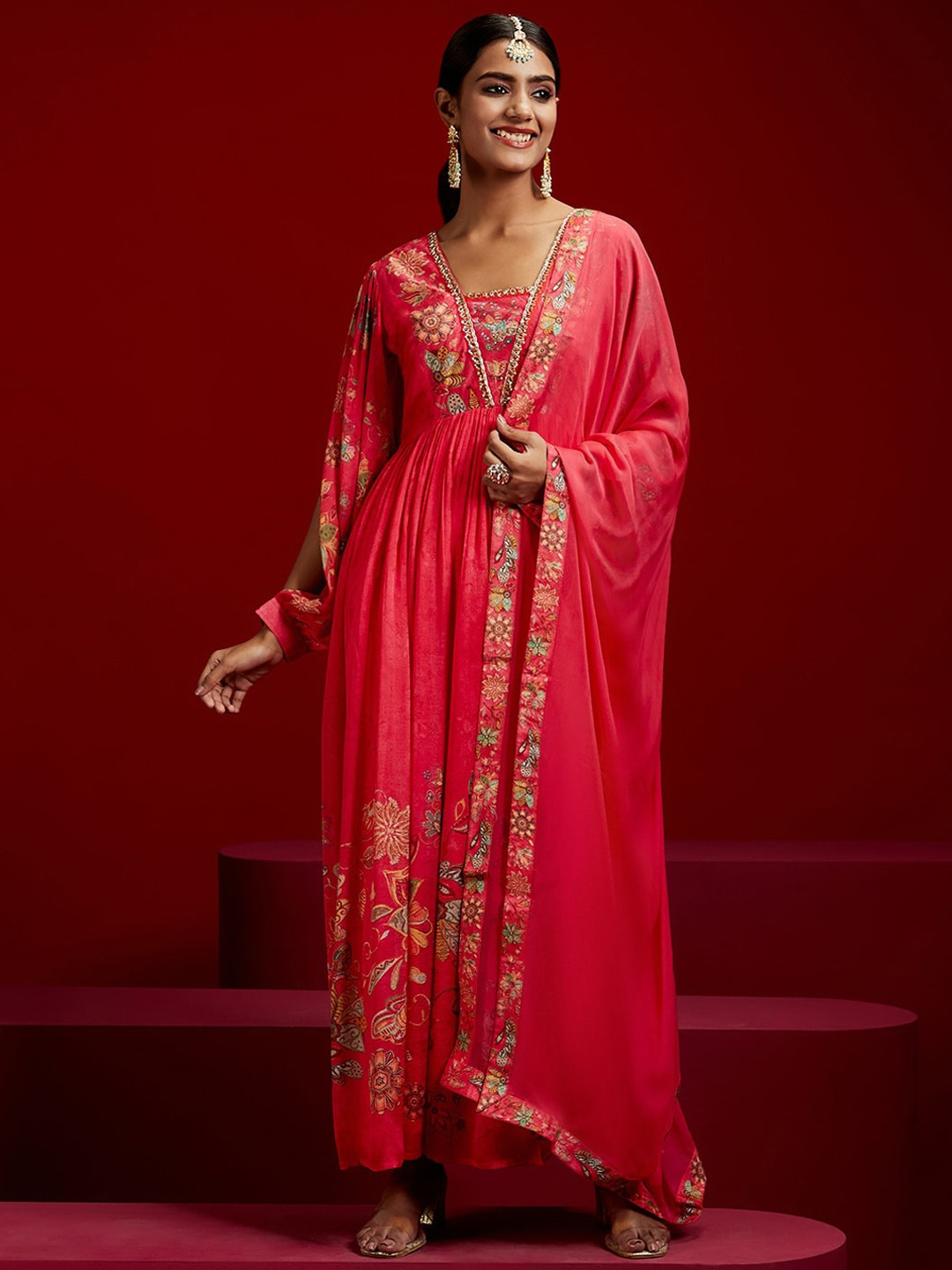 

Libas Art Floral Printed Beads and Stones Kurta with Trousers & With Dupatta, Coral