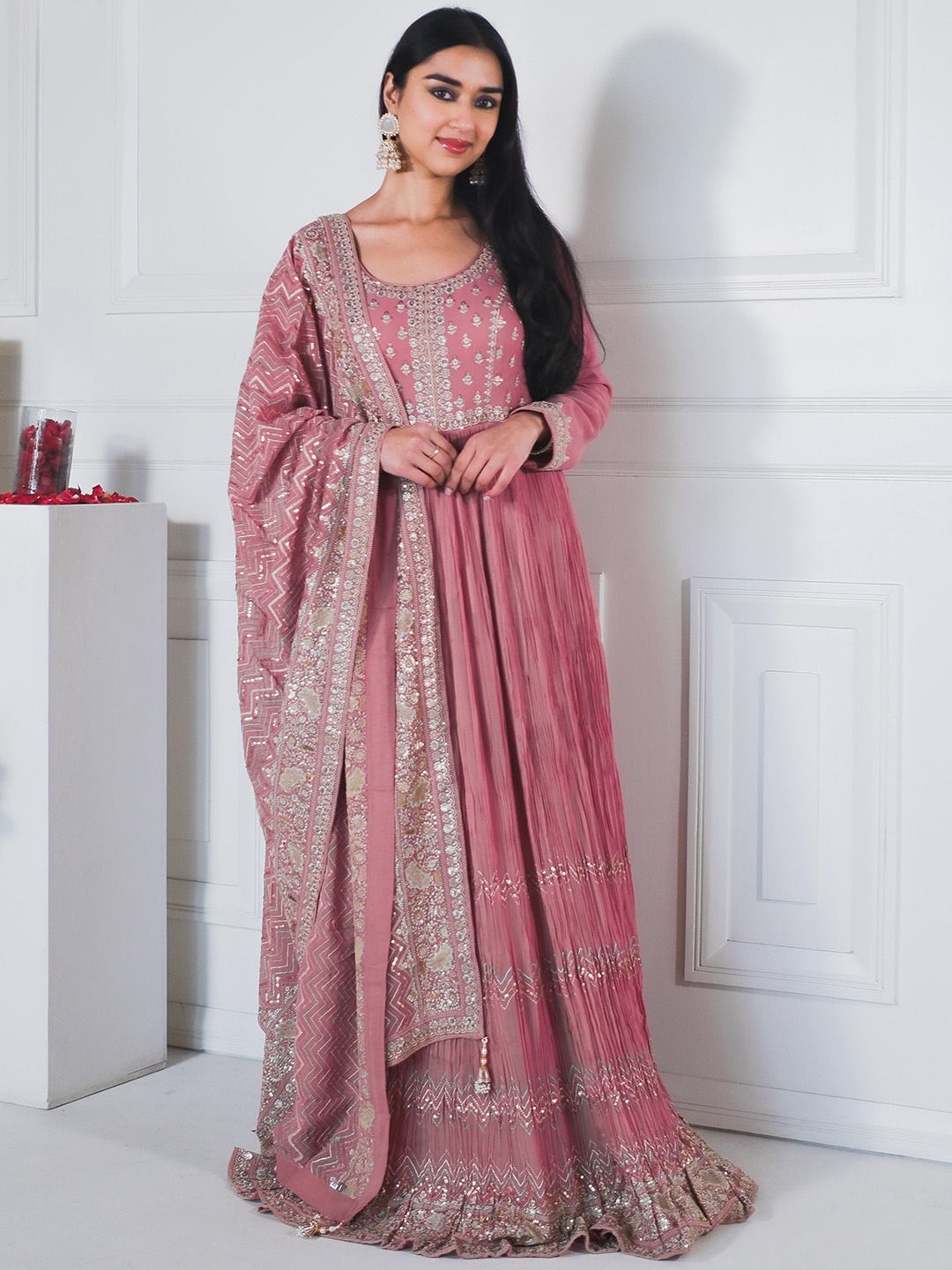 

Libas Art Floral Embroidered Sequinned Kurta with Trousers & With Dupatta, Pink