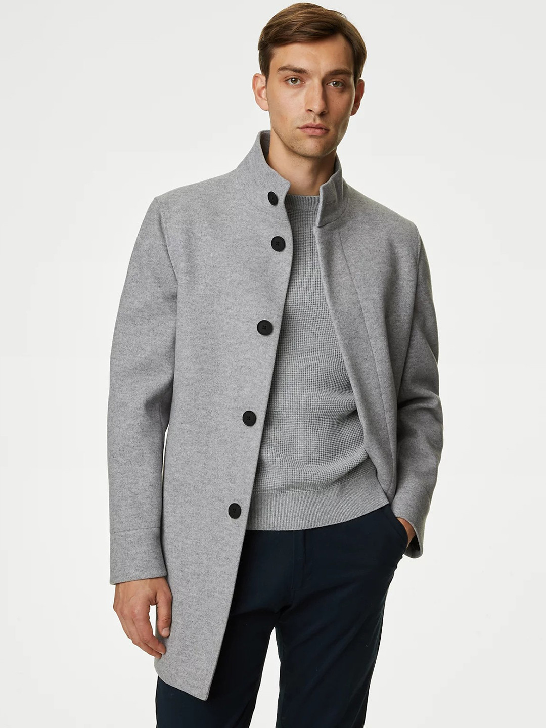 

Marks & Spencer Single Breasted Mandarin Collar Funnel Coat, Grey