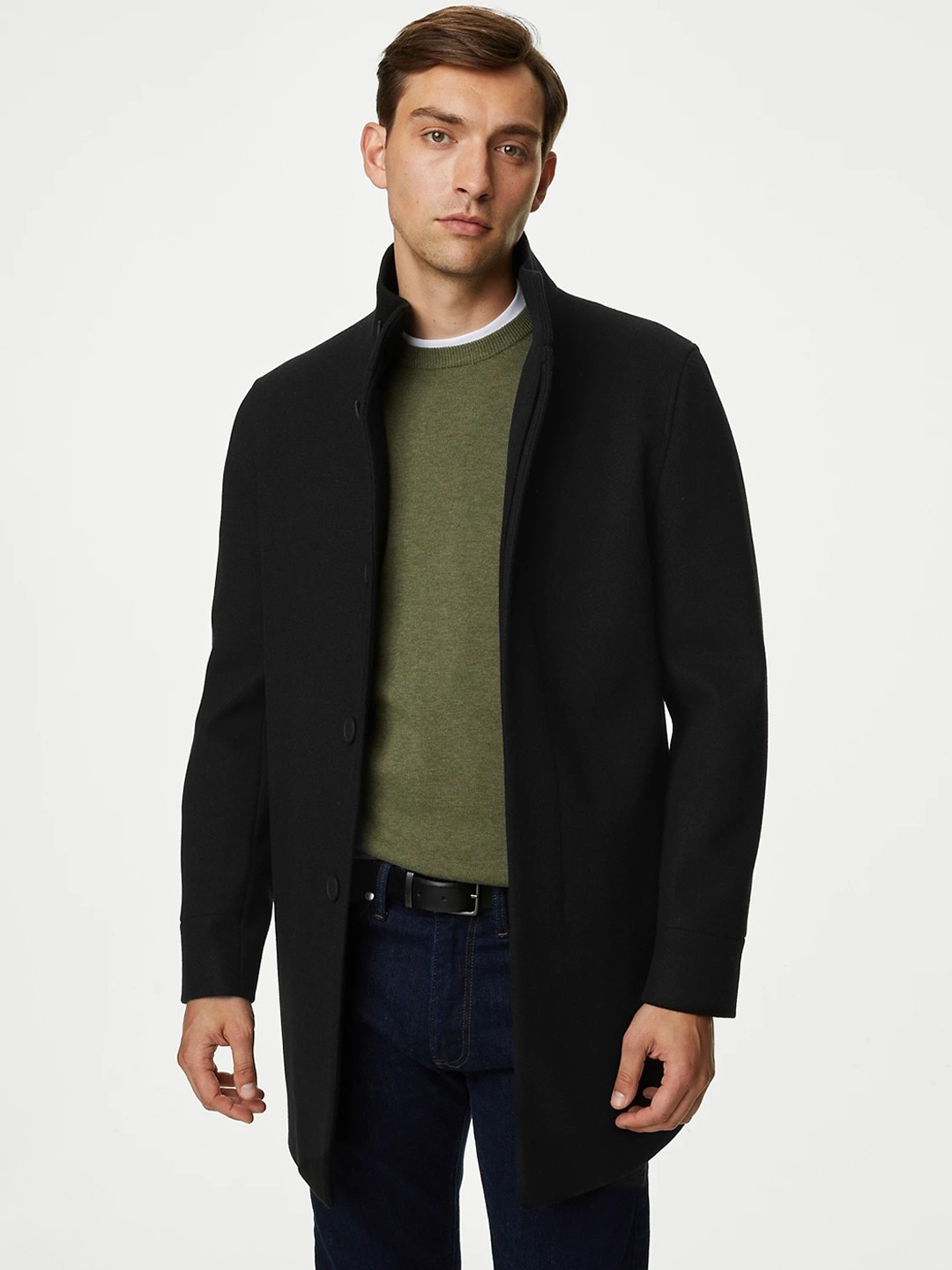 

Marks & Spencer Single-Breasted Mandarin Collar Funnel Coat, Black