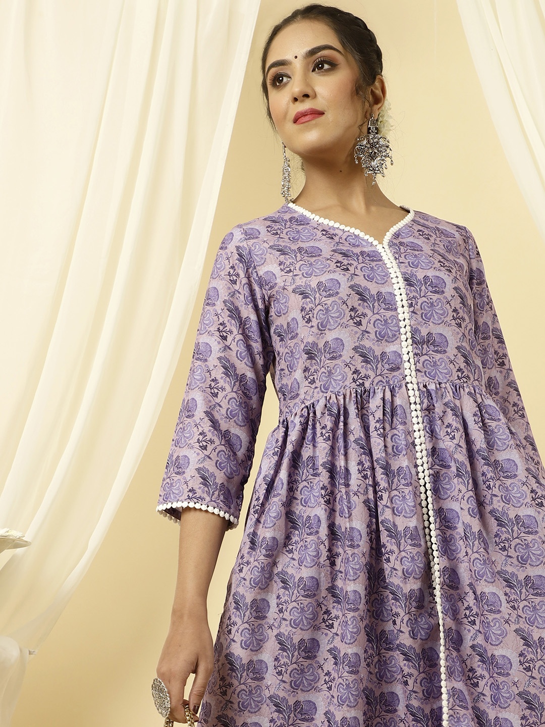 

Jaipur Kurti Floral Printed A-line Kurta with Sharara, Lavender