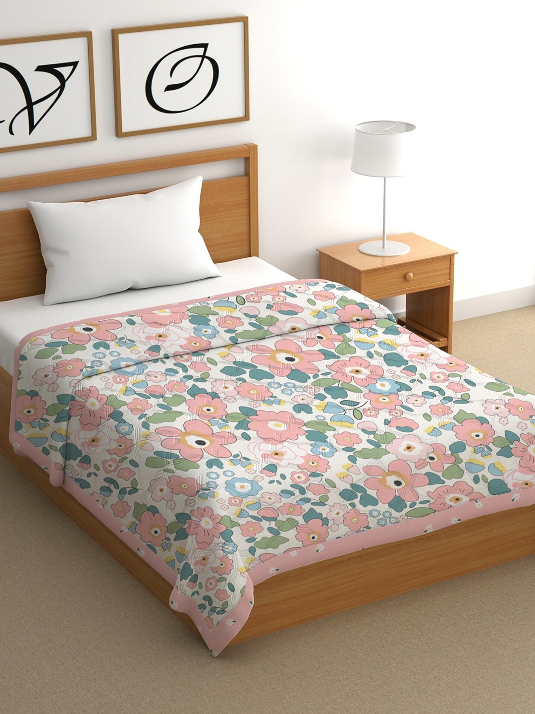 CHHAVI INDIA Pink & White Floral Cotton AC Room 350 GSM Single Bed Comforter