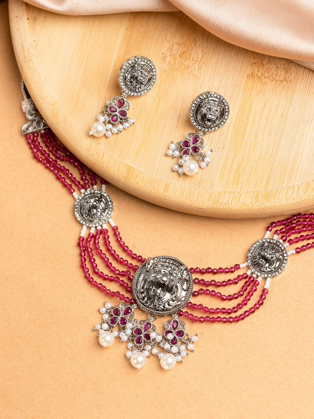 

Priyaasi Silver-Plated Stone-Studded & Beaded Jewellery Set