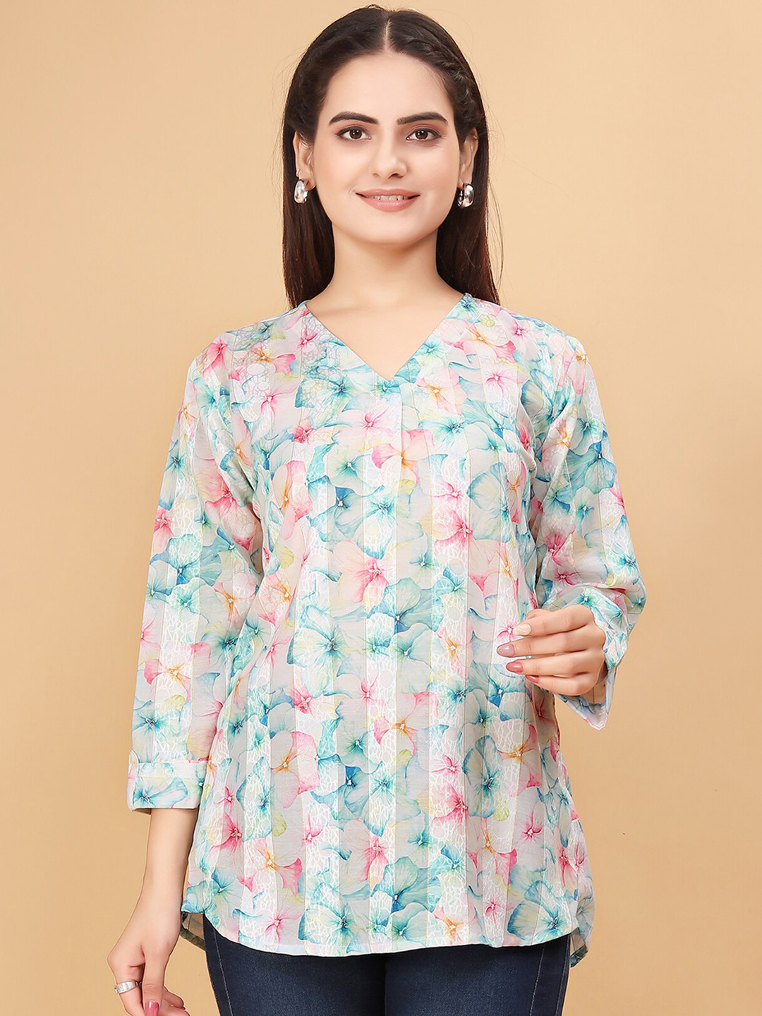 

N N ENTERPRISE Floral Printed Cotton Top, Blue