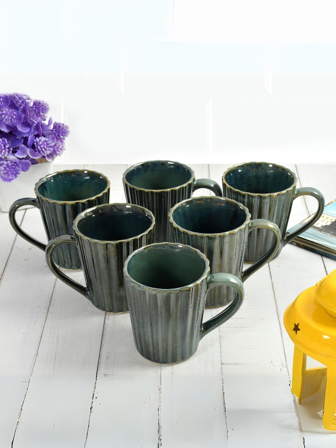 

CLIO'S HERITAGE STORE Green 6 Pieces Textured Ceramic Glossy Mugs 300ml each