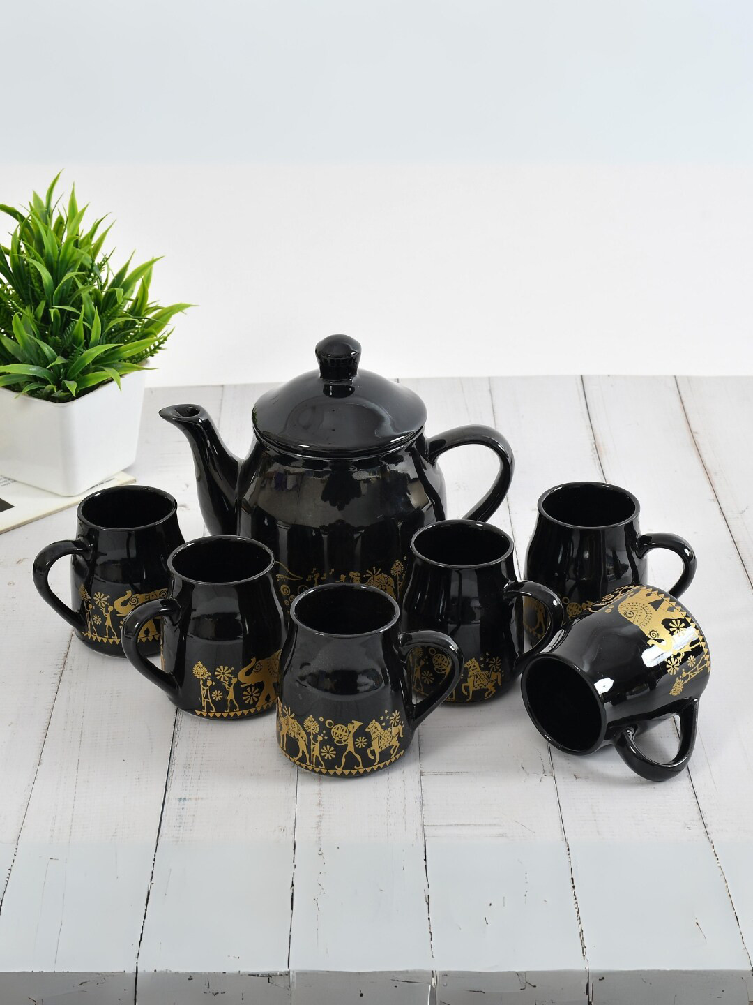 

CLIO'S HERITAGE STORE Black & Yellow 7 Pieces Printed Ceramic Matte Kettle & Cups Set