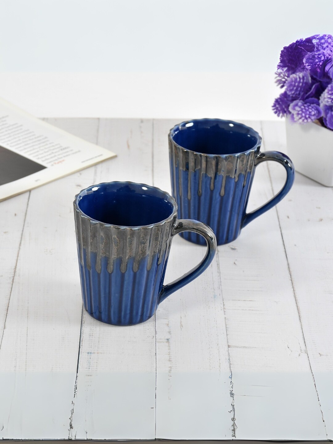 

CLIO'S HERITAGE STORE Blue & Grey 2 Pieces Textured Ceramic Glossy Mugs 300 ML Each