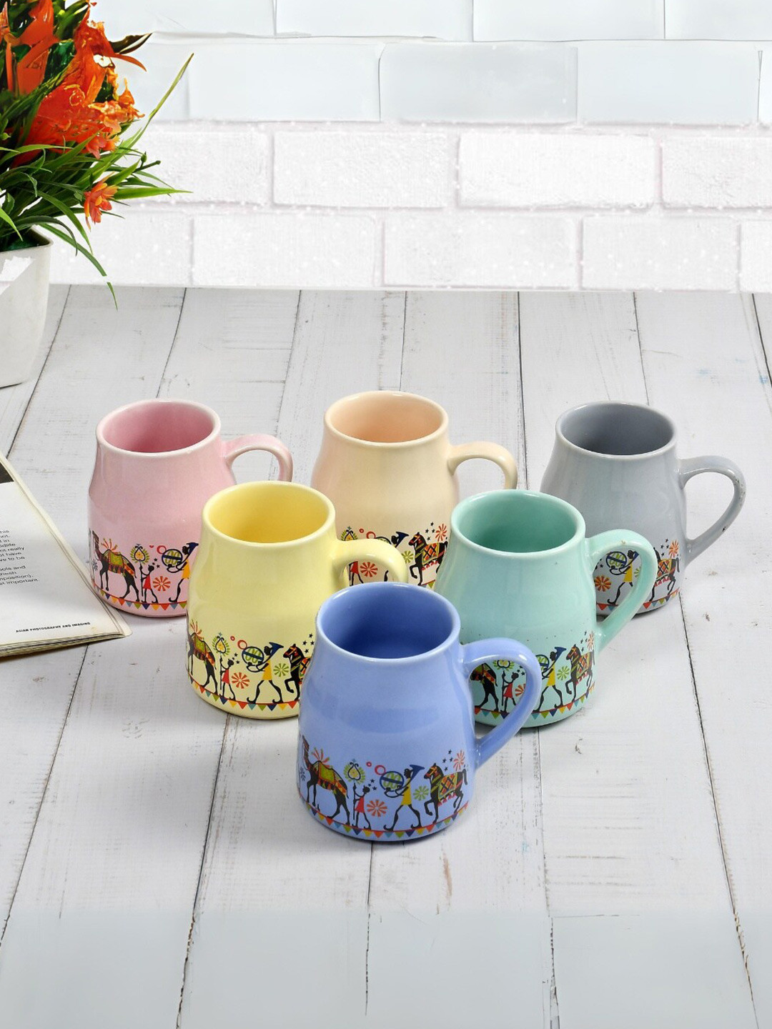 

CLIO'S HERITAGE STORE Pink & Yellow 6 Pieces Printed Ceramic Glossy Cups 150ml each