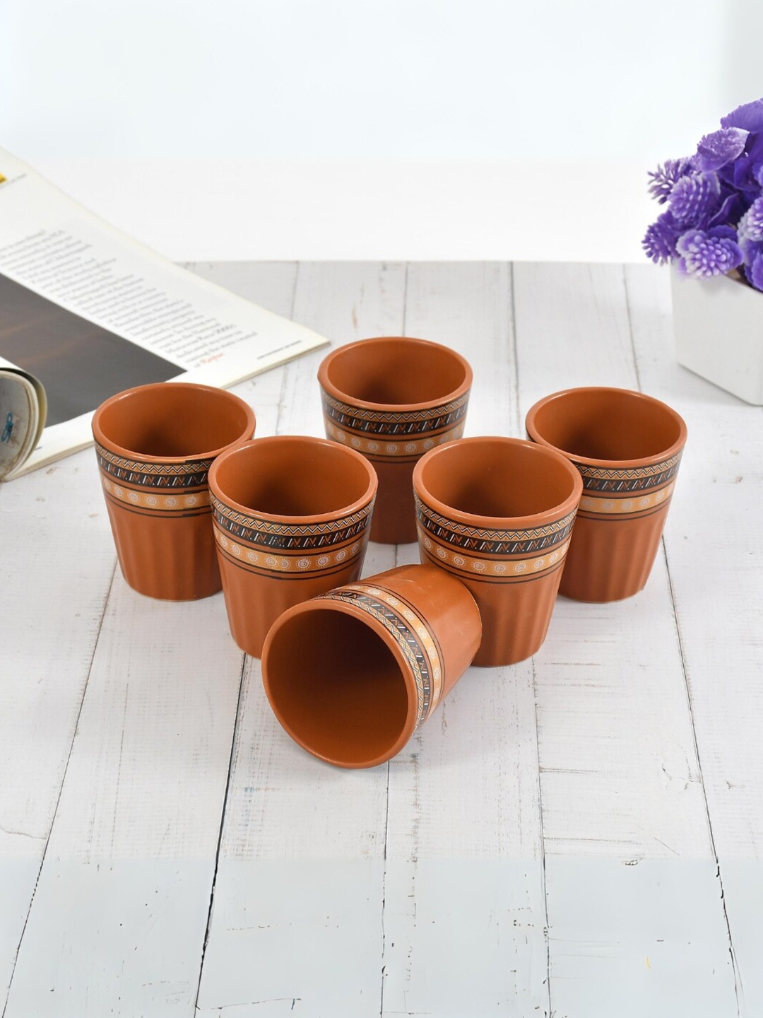 

CLIO'S HERITAGE STORE Brown & Black 6-Pieces Textured Ceramic Matte Kullhads 150 ml