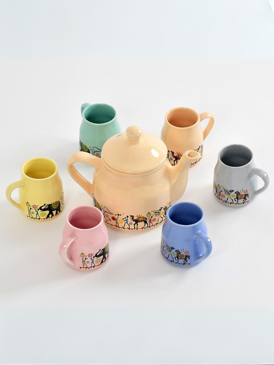 

CLIO'S HERITAGE STORE Yellow 7 Pcs Ethnic Motifs Printed Ceramic Glossy Kettle & Cups Set