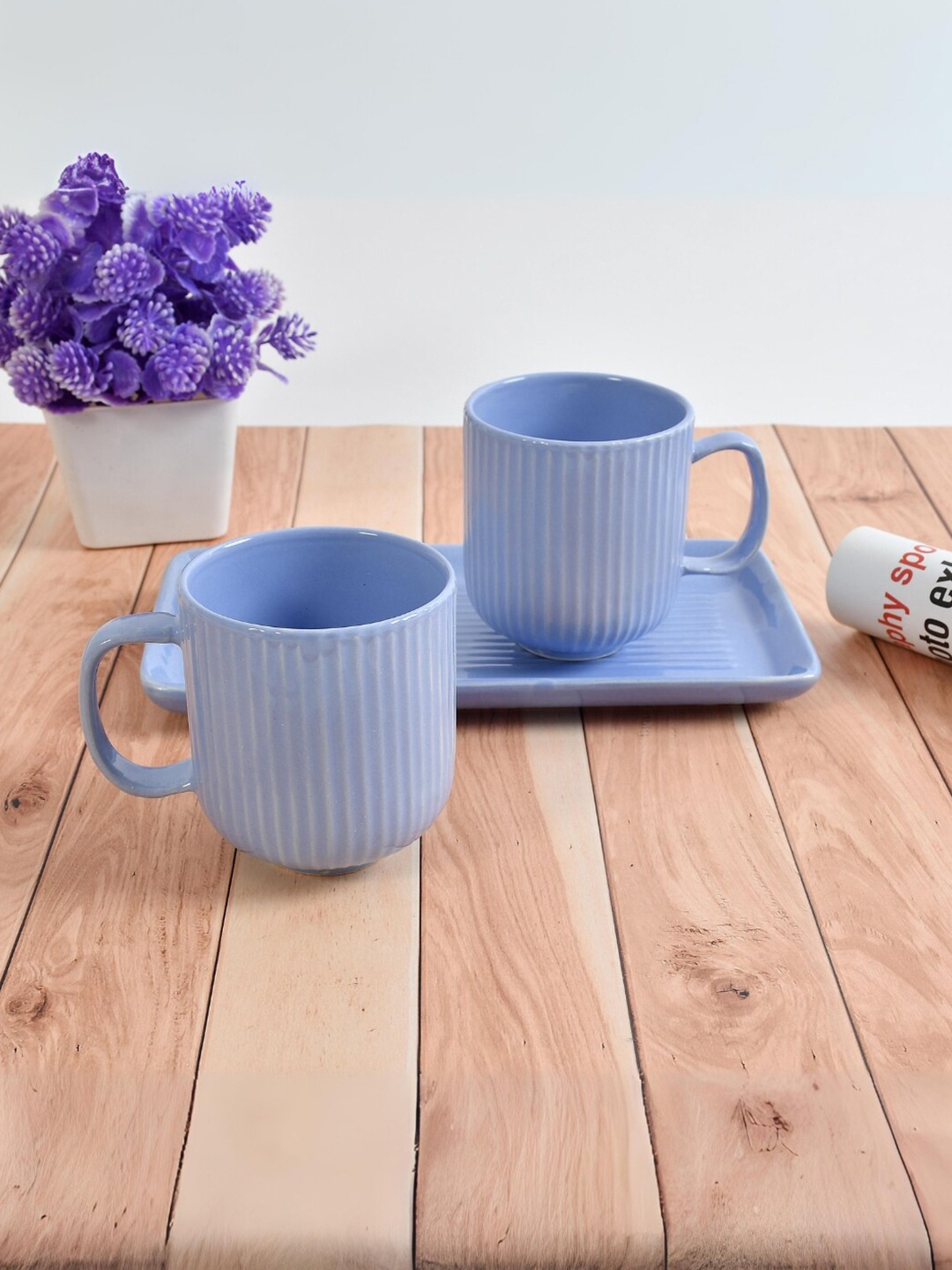 

CLIO'S HERITAGE STORE Blue 3-Pieces Textured Ceramic Glossy Coffee Mug With Tray 350 ml