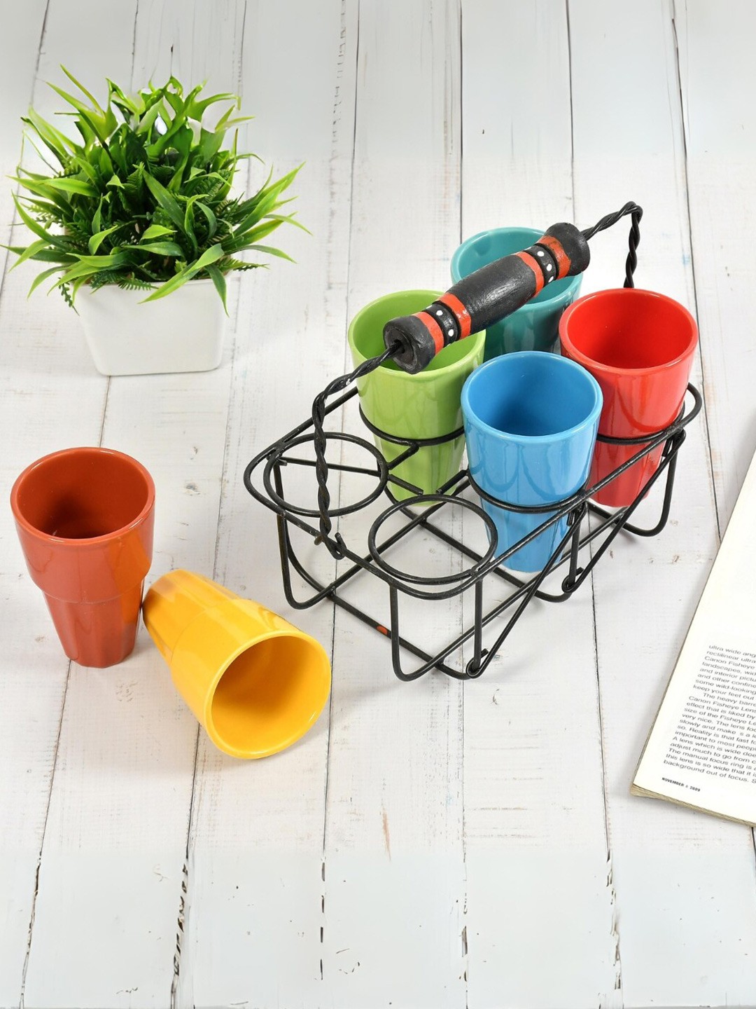

CLIO'S HERITAGE STORE Yellow & Blue 7 Pieces Ceramic Glossy Cups With Stand 150ml each