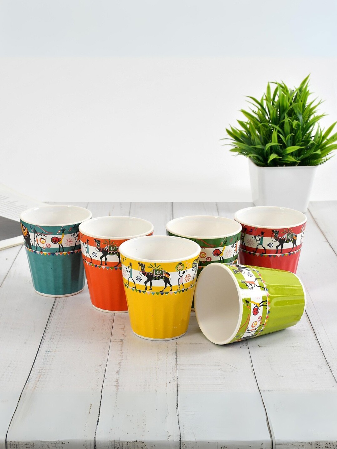 

CLIO'S HERITAGE STORE Green & Red 6 Pieces Printed Ceramic Glossy Cups 150ml each