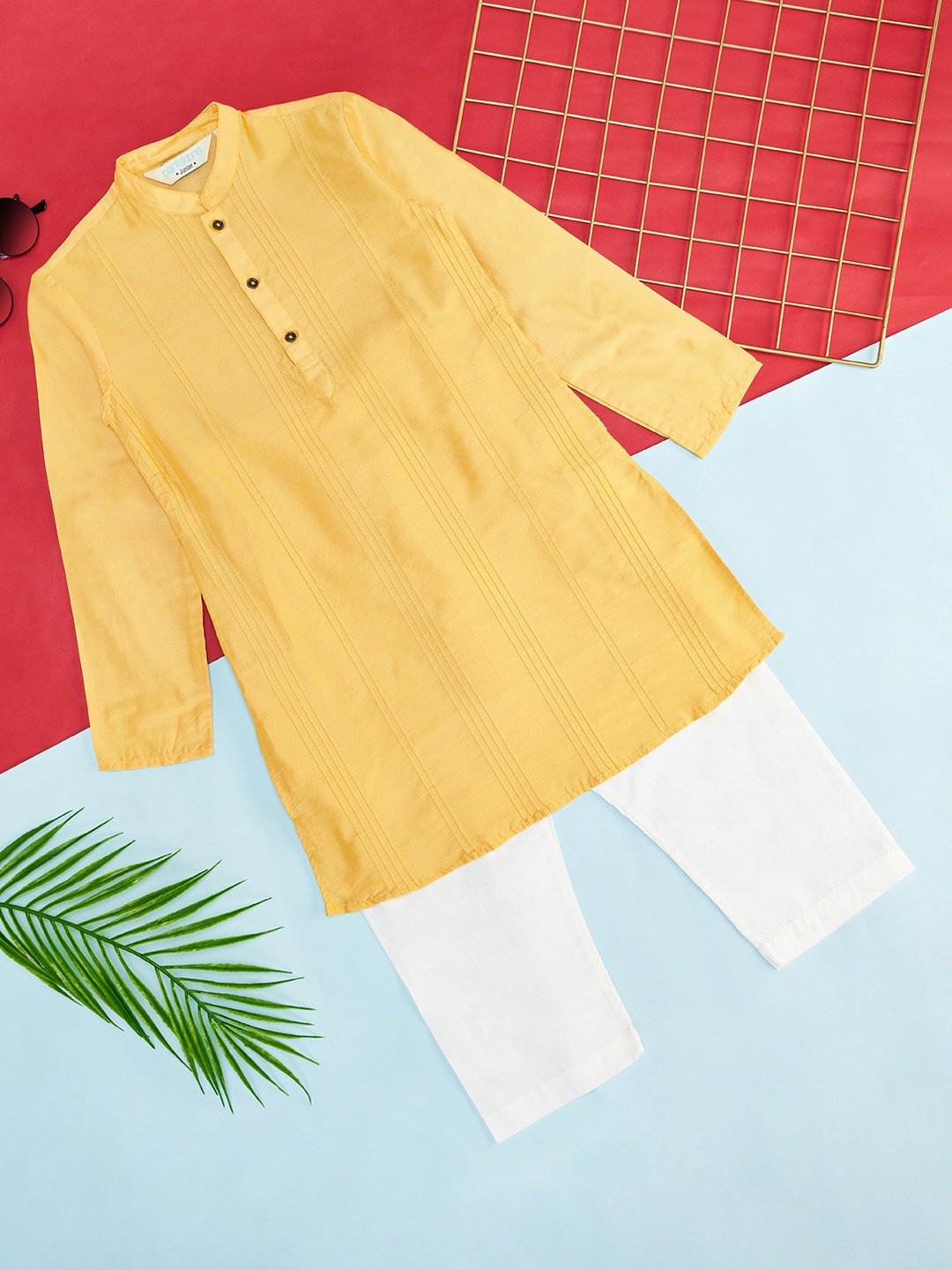 

indus route by Pantaloons Boys Striped Mandarin Collar Straight Kurta With Trousers, Mustard