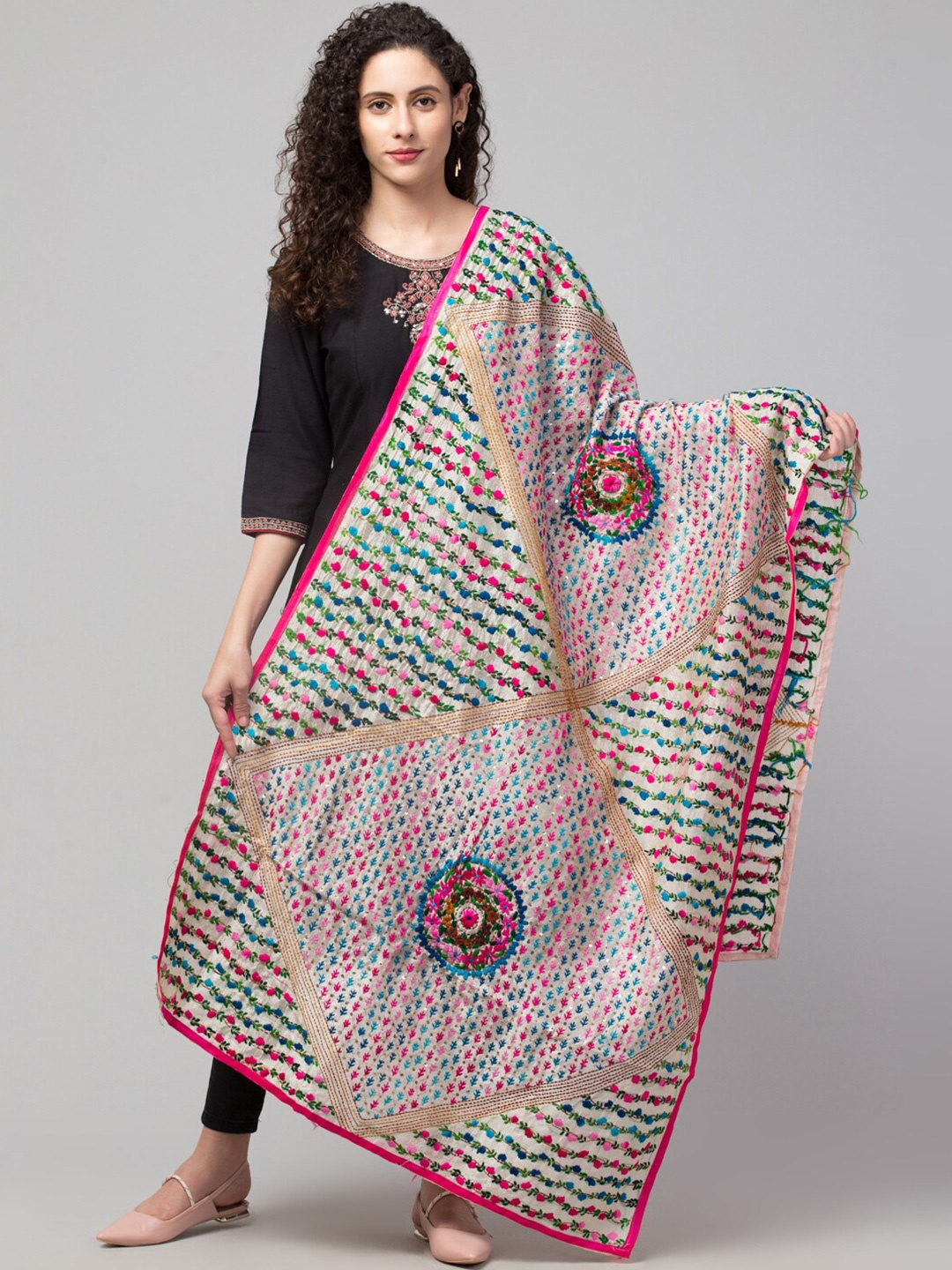 

Tweedle Floral Embroidered Dupatta With Phulkari Work, Pink