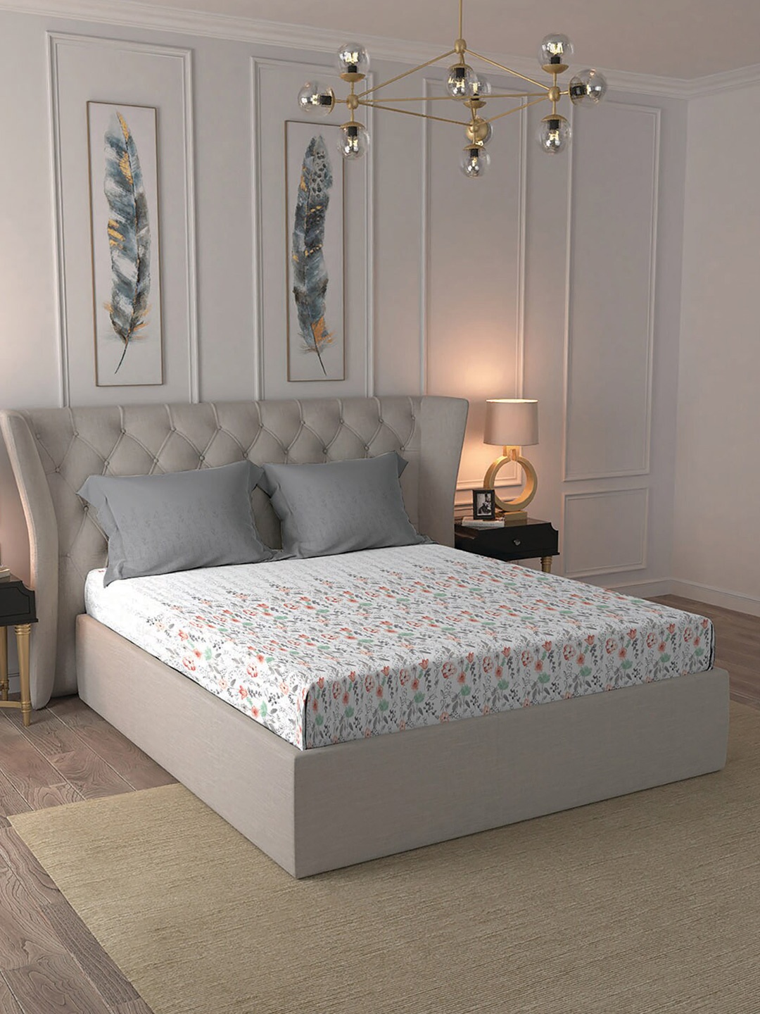 

MYTRIDENT Rene Grey Classic Printed Flat 210TC King Cotton Bedsheet Set, White