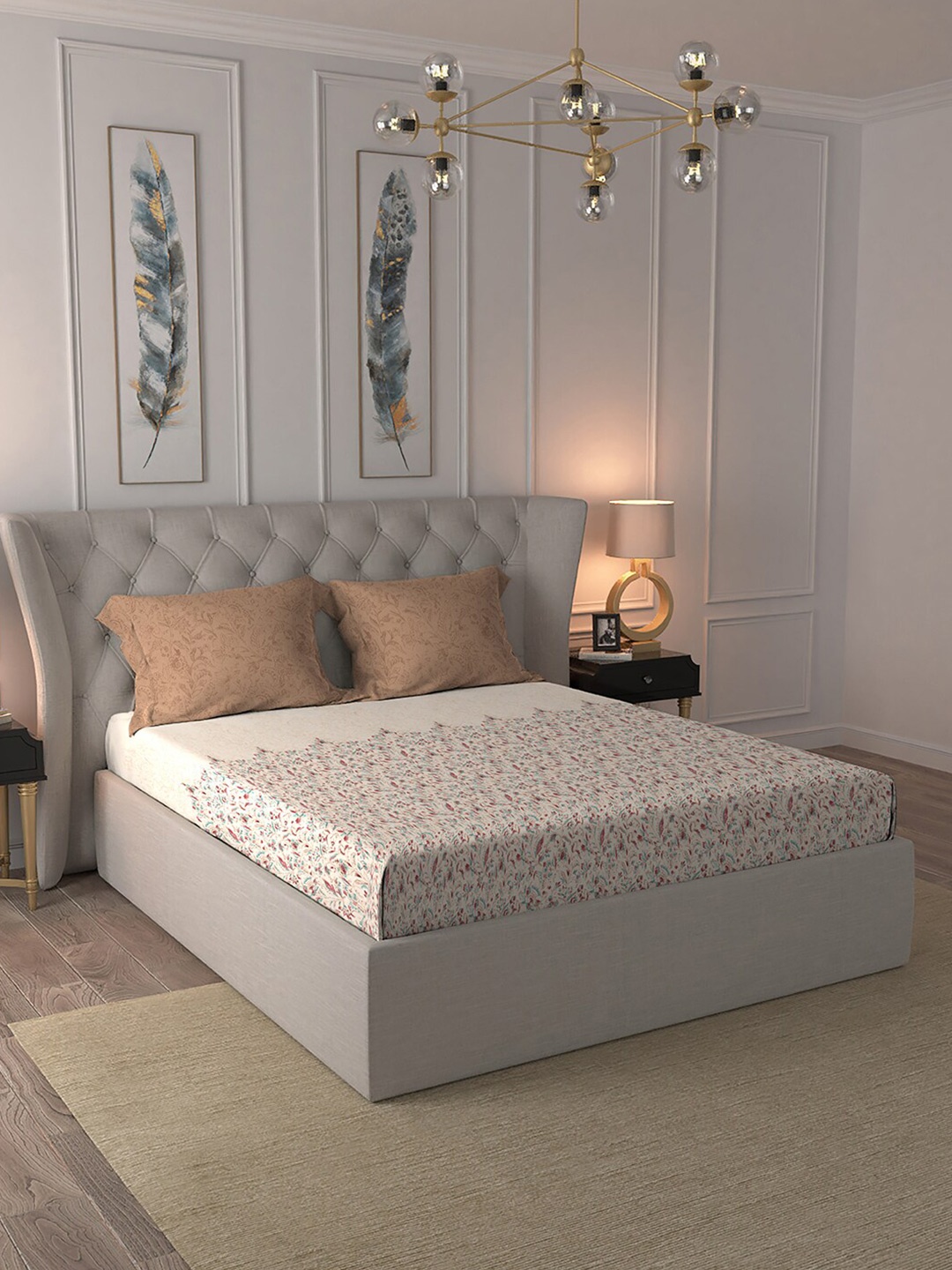 

MYTRIDENT Classic Rose & White Floral Cotton 210 TC King Bedsheet With 2 Pillow Covers