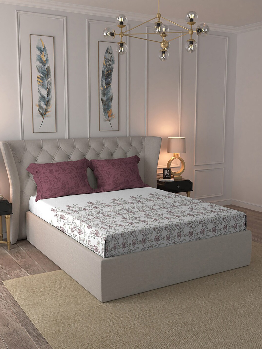 

MYTRIDENT Classic White & Mauve Floral Cotton 210 TC King Bedsheet with 2 Pillow Covers
