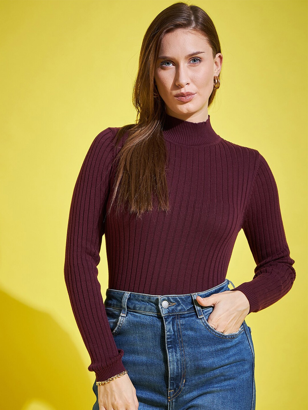 

98 Degree North Striped Mock Collar Long Sleeves Cotton Pullover, Maroon