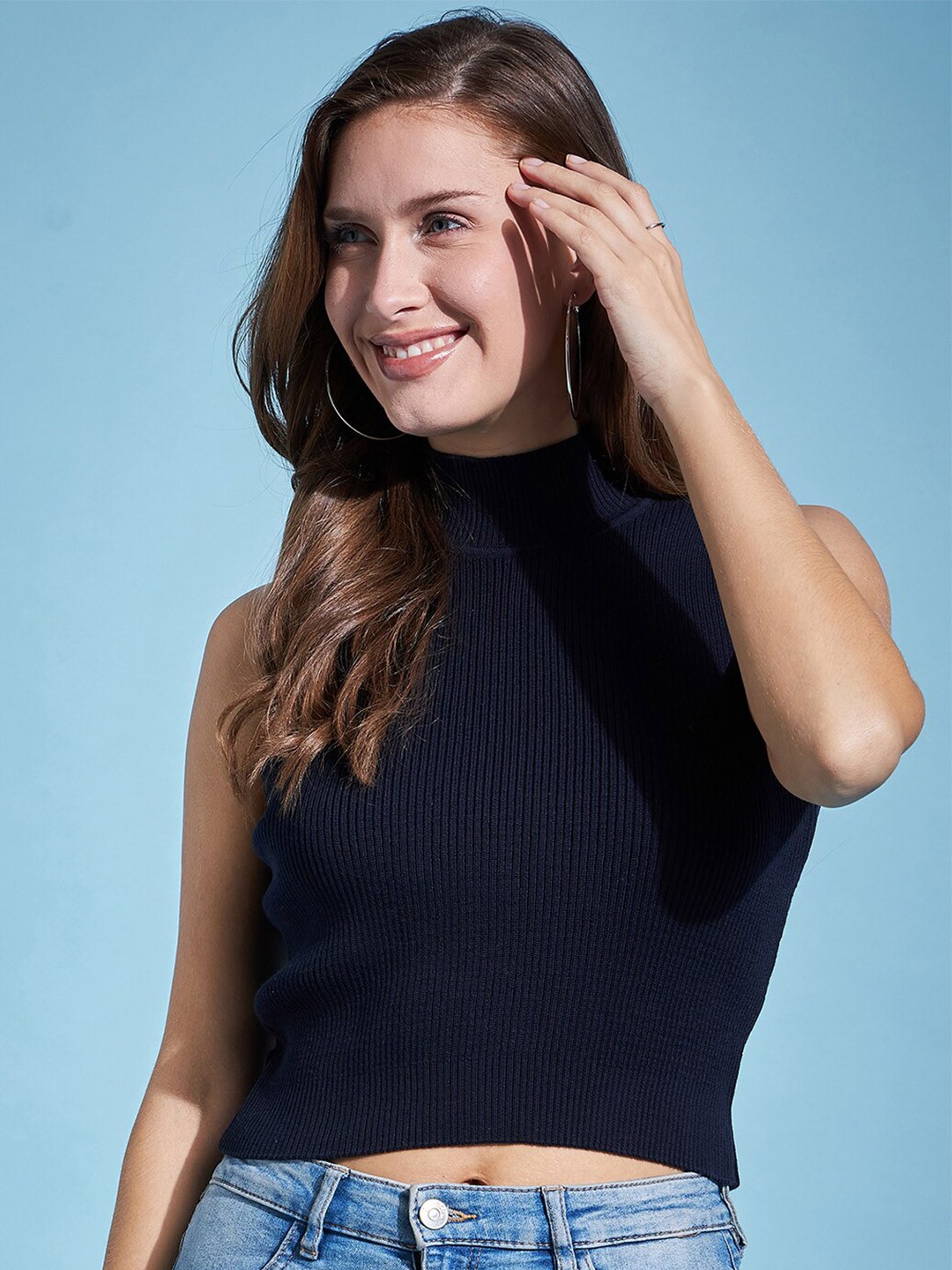 

98 Degree North Turtle Neck Cotton Crop Pullover, Navy blue