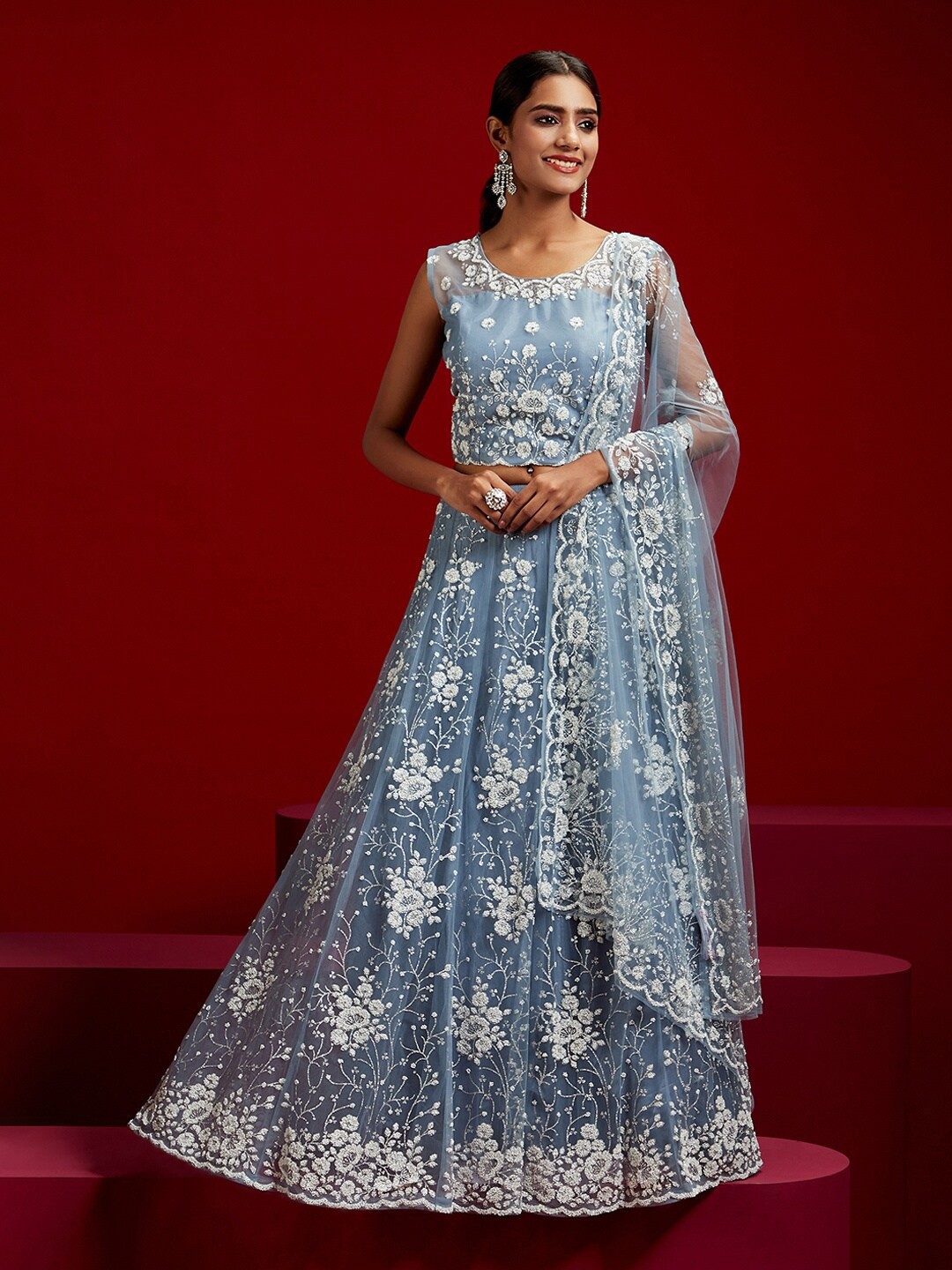

Libas Art Embellished Sleeveless Beads and Stones Lehenga & Blouse With Dupatta, Grey