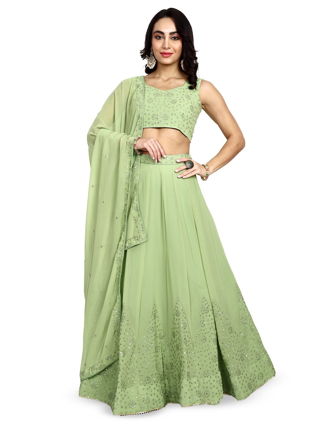 

TIKODI Embroidered Sequinned Semi-Stitched Lehenga & Unstitched Blouse With Dupatta, Green