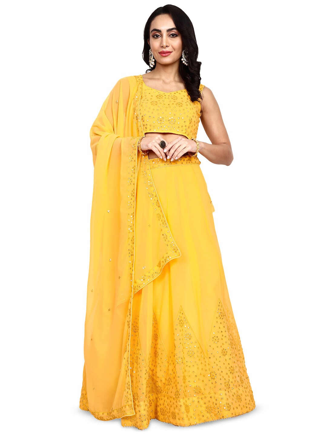 

TIKODI Embroidered Sequinned Semi-Stitched Lehenga & Unstitched Blouse With Dupatta, Yellow