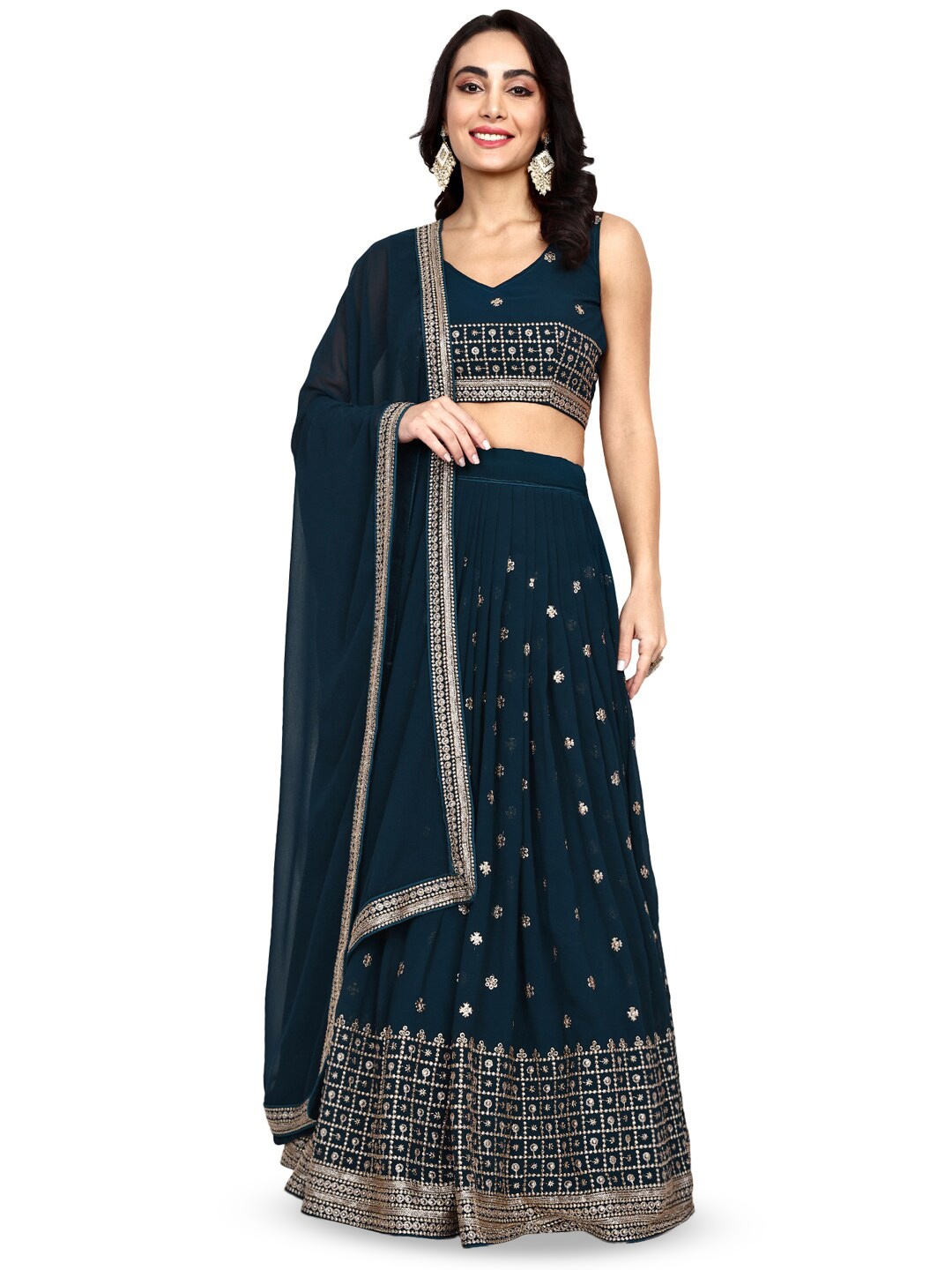 

TIKODI Embroidered Thread Work Semi-Stitched Lehenga & Unstitched Blouse With Dupatta, Blue