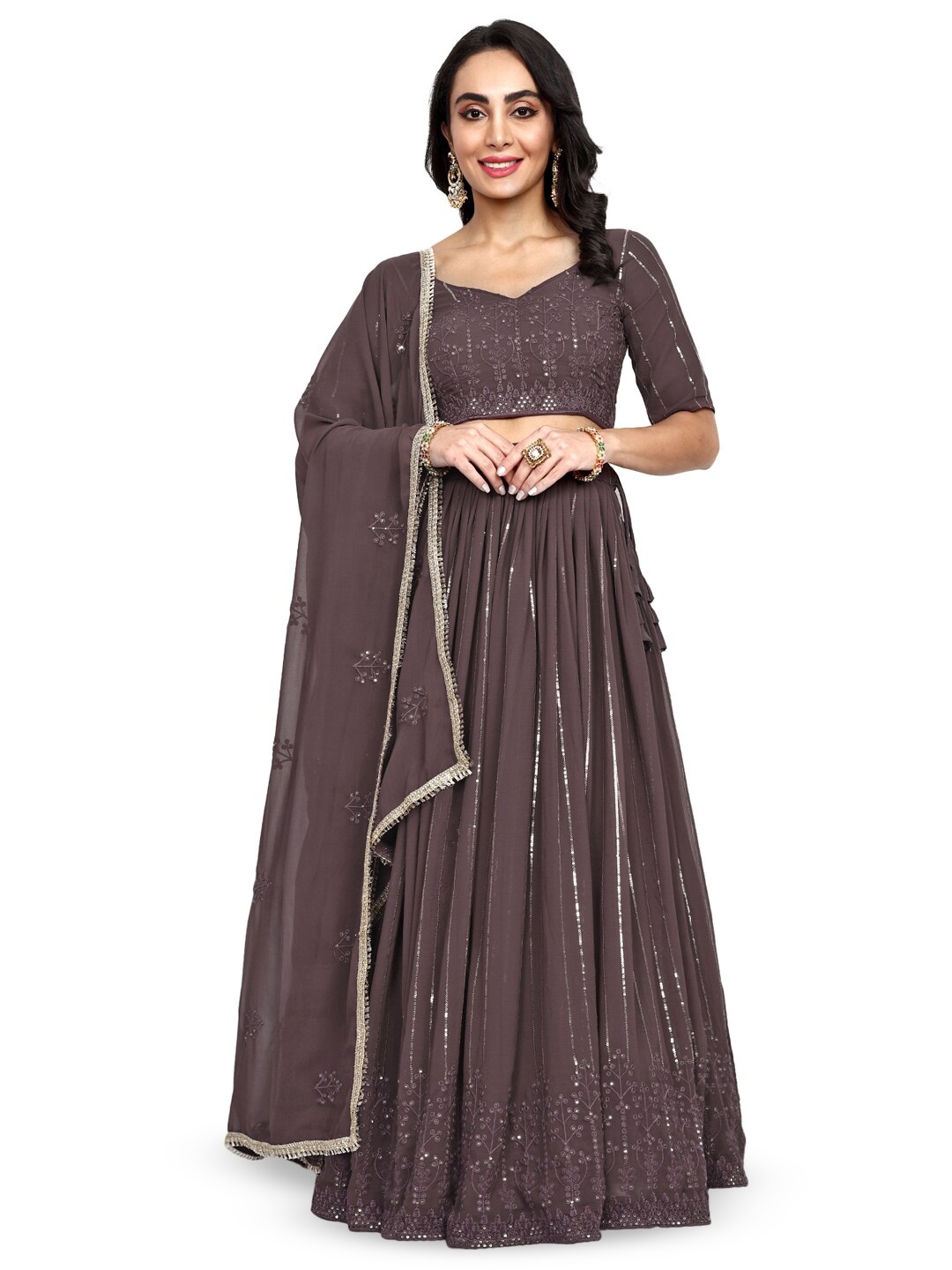 

TIKODI Embroidered Sequinned Semi-Stitched Lehenga & Unstitched Blouse With Dupatta, Brown