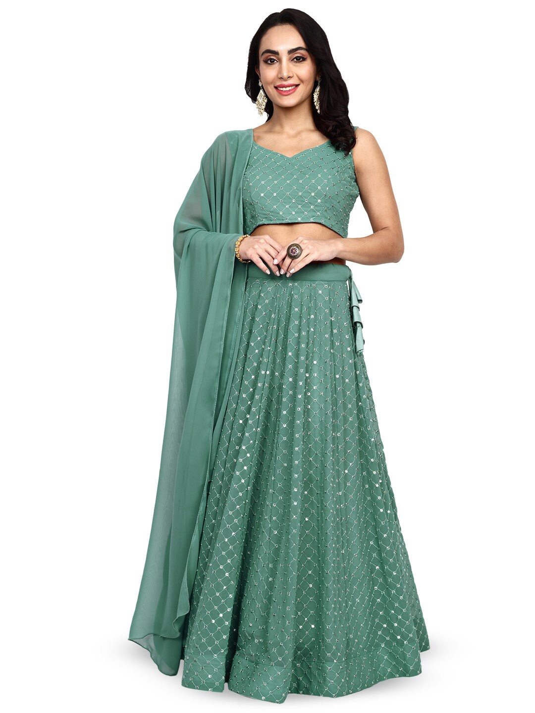 

TIKODI Embroidered Sequinned Semi-Stitched Lehenga & Unstitched Blouse With Dupatta, Green