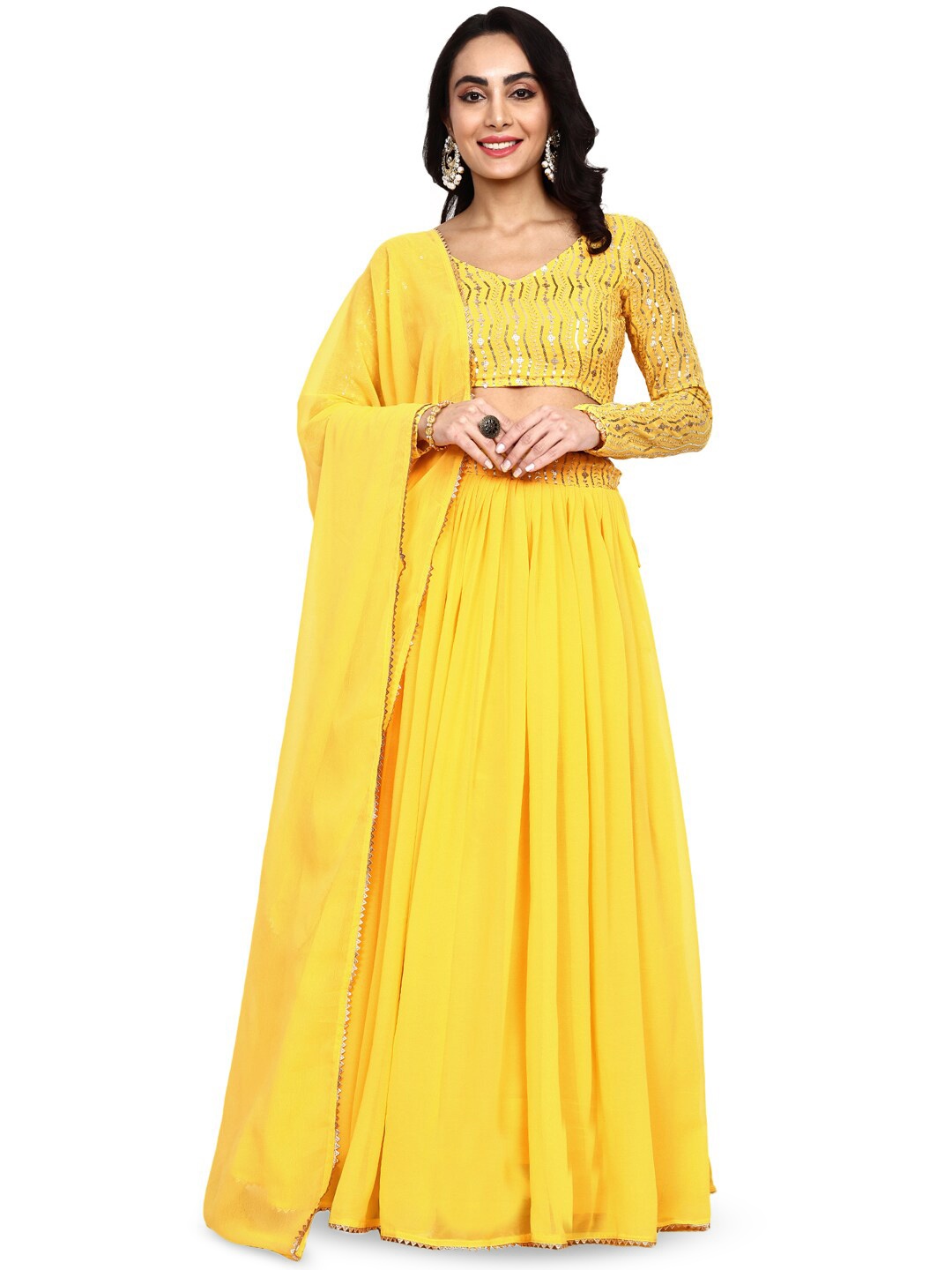 

TIKODI Embroidered Sequinned Semi-Stitched Lehenga & Unstitched Blouse With Dupatta, Yellow
