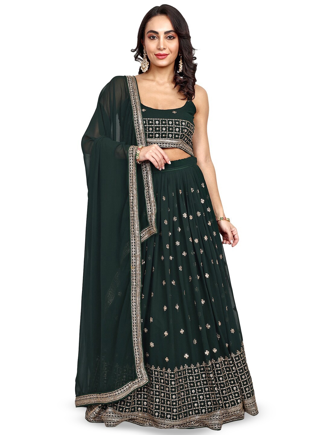 

TIKODI Embroidered Semi-Stitched Lehenga & Unstitched Blouse With Dupatta, Green