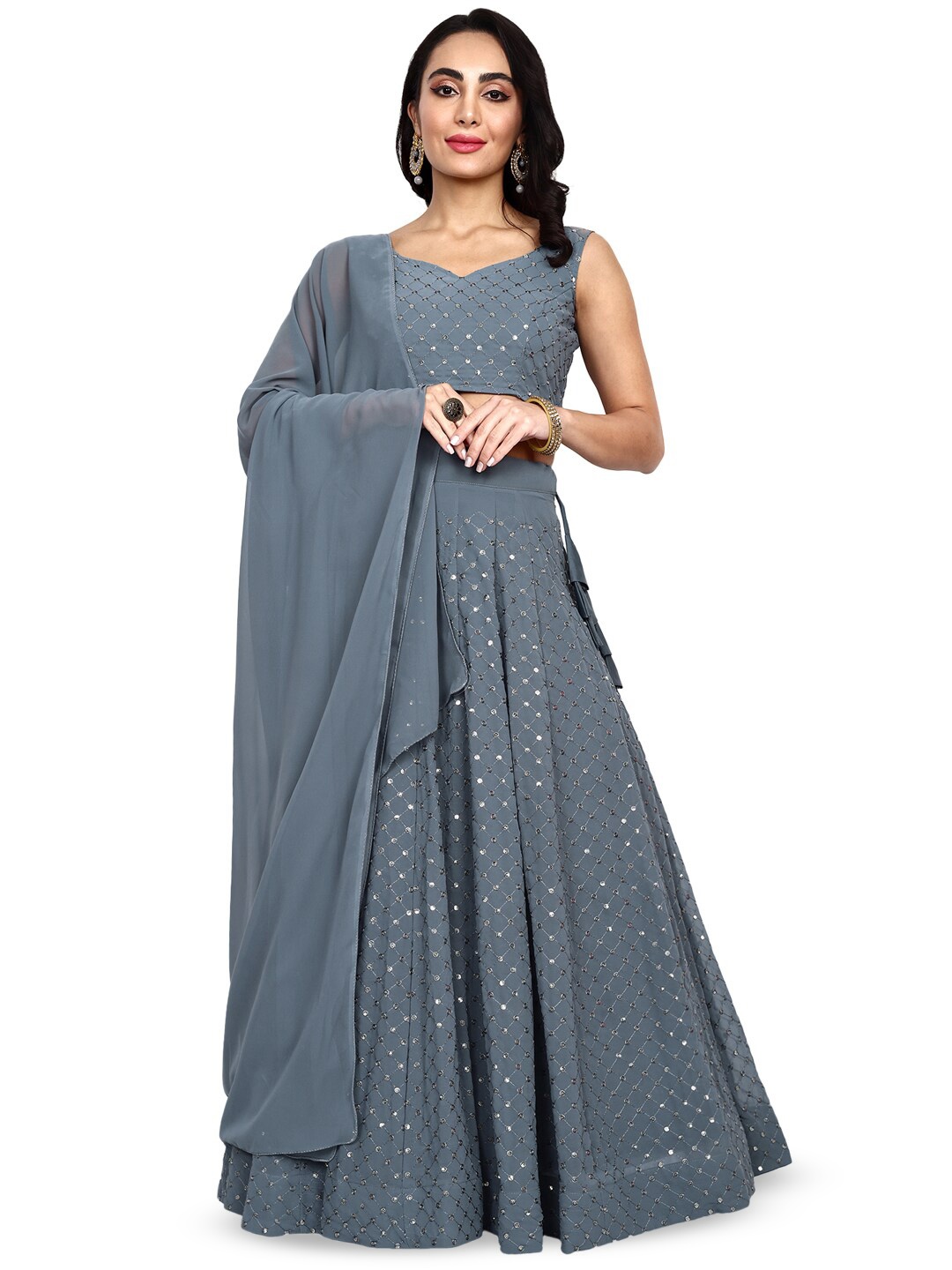 

TIKODI Embroidered Sequinned Semi-Stitched Lehenga & Unstitched Blouse With Dupatta, Grey