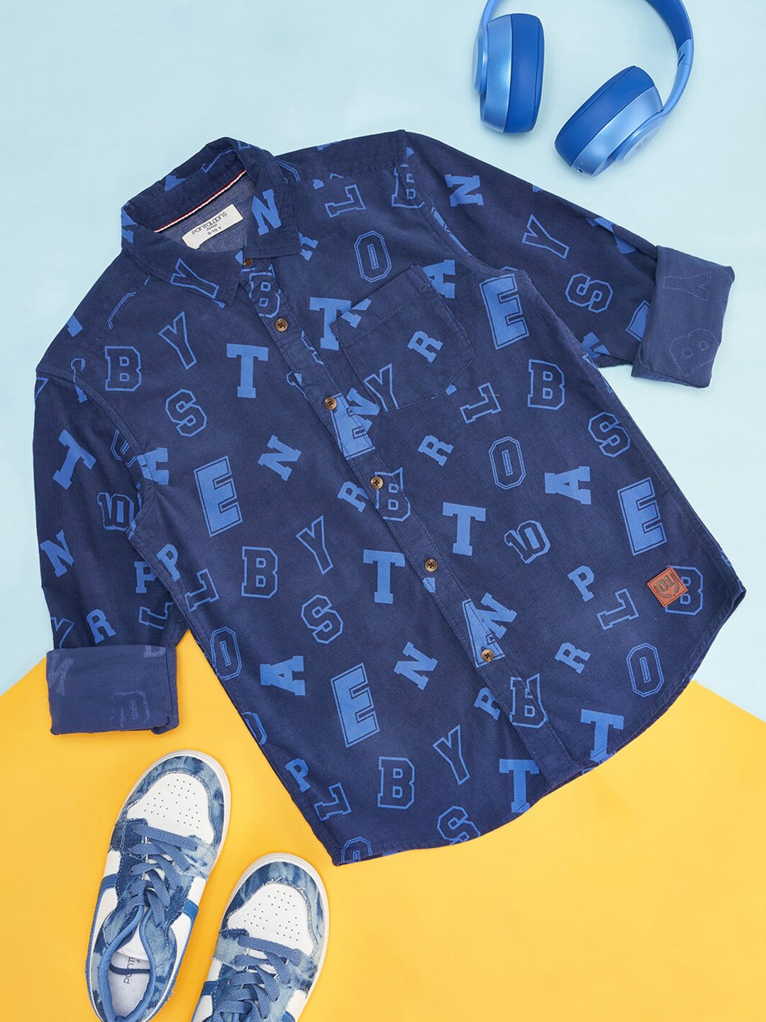 

Pantaloons Junior Boys Typography Printed Spread Collar Cotton Casual Shirt, Navy blue