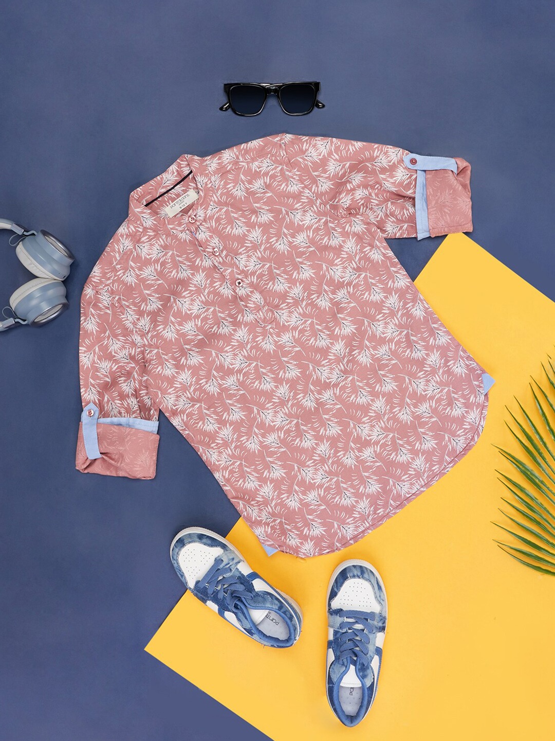 

Pantaloons Junior Boys Tropical Printed Band Collar Cotton Casual Shirt, Pink